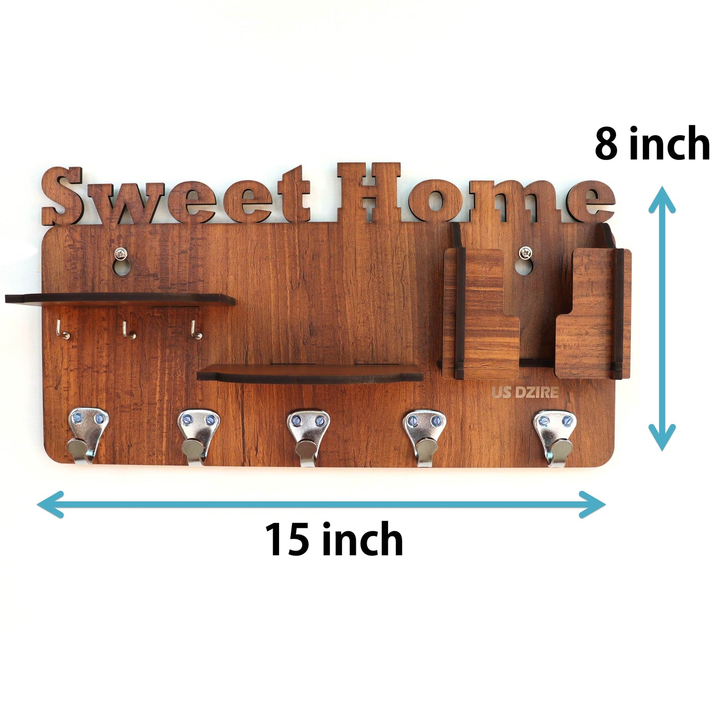 US DZIRE™ 823 Decorative Key Hanger (Brown) Wood Key Holder (5 Hooks, Brown)