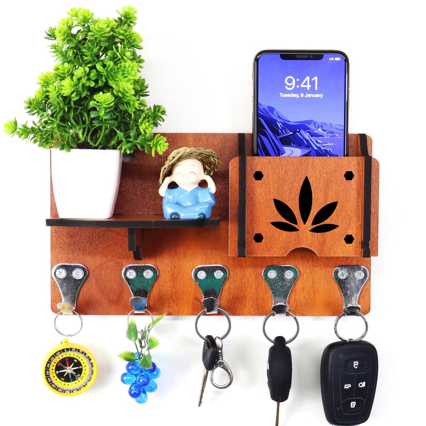 US DZIRE™406 Premium Key Holder For Home & Office Wood Key Holder (5 Hooks, Brown)