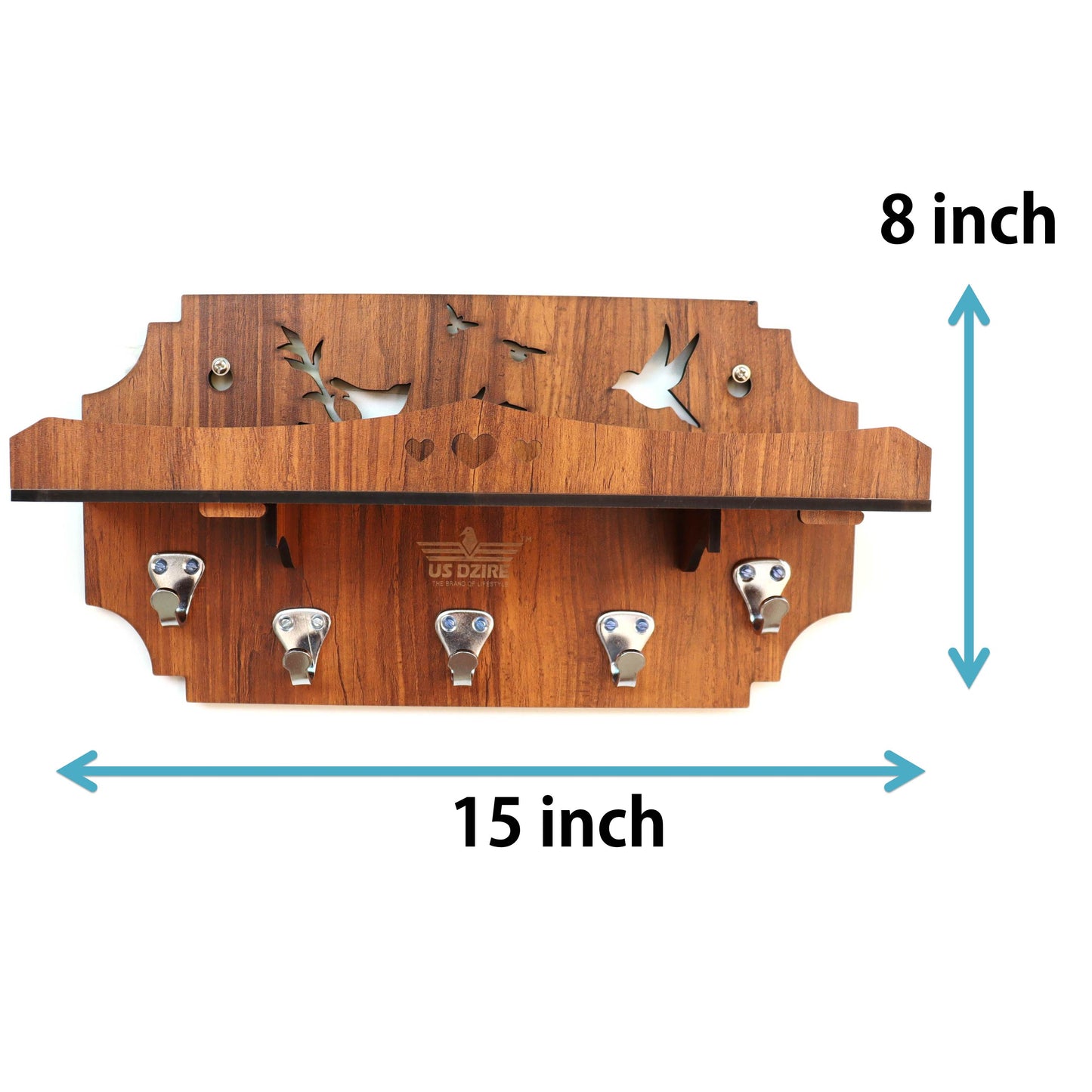 US DZIRE™ 810 Decorative Key Hanger (Brown) Wood Key Holder (5 Hooks, Brown)