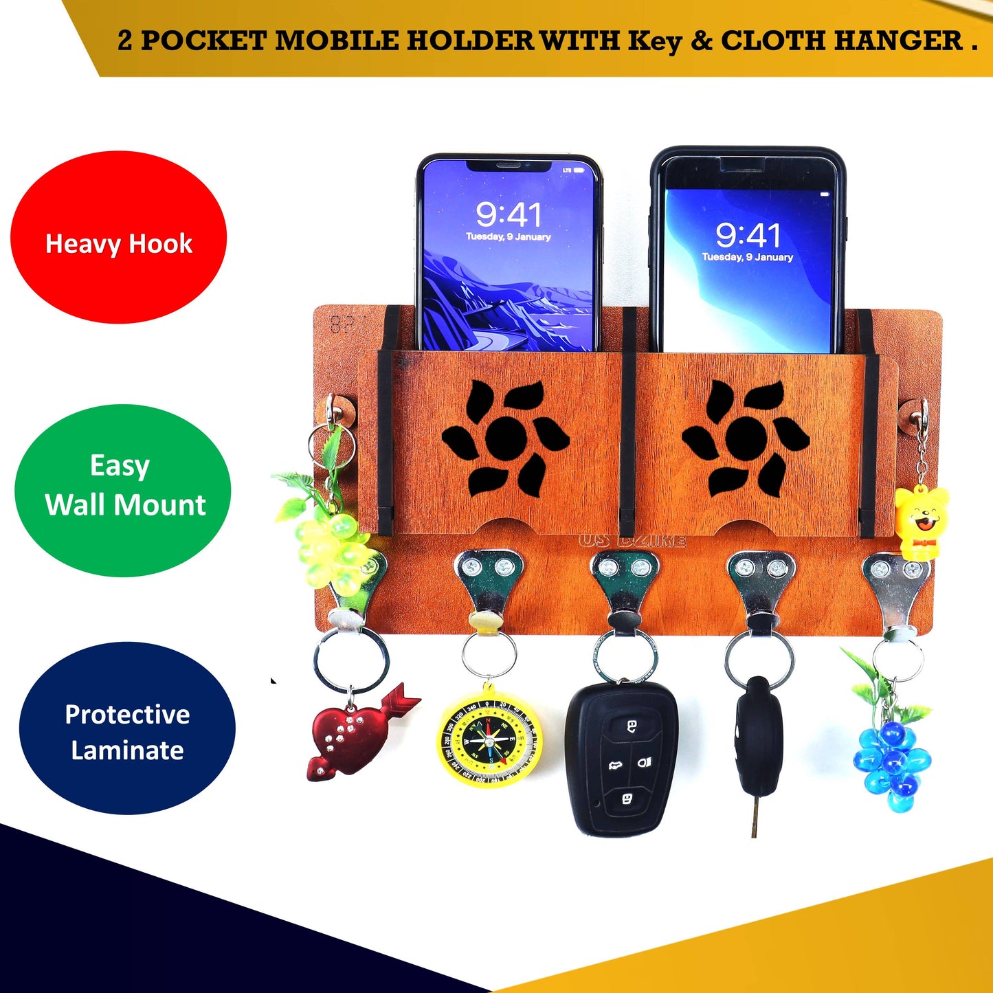 US DZIRE™ 21 Decorative Key Hanger (Brown) Wood Key Holder