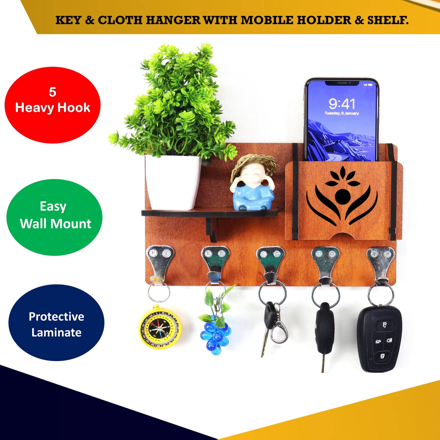 US DZIRE™ 1405 Premium Key Holder For Home & Office Wood Key Holder (5 Hooks, Brown)