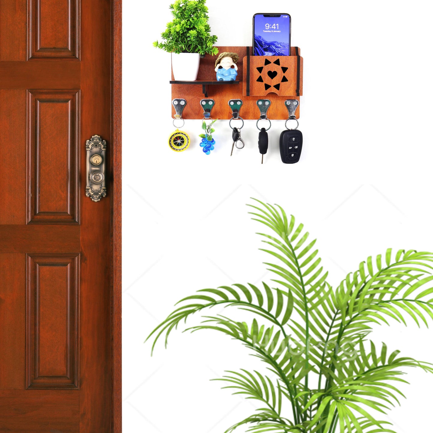 US DZIRE™ 1403 Antique Mobile Charging Stand Key Holder, Cloth Hanger Handcrafted Art For Home Decor Living Room Bedroom Wood Key Holder (7 Hooks, Brown)