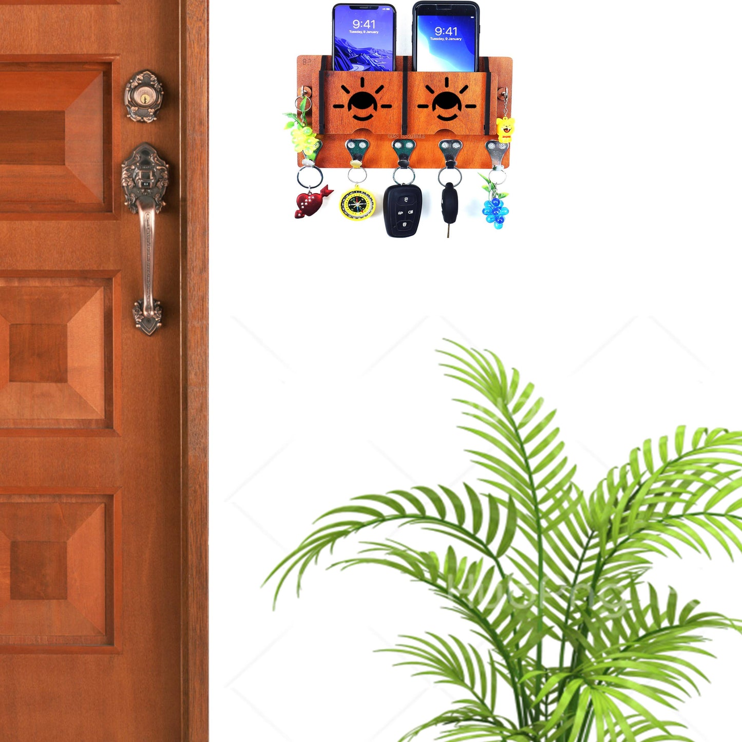 US DZIRE™ 1302 Antique Mobile Charging Stand Key Holder, Cloth Hanger Handcrafted Art For Home Decor Living Room Bedroom Wood Key Holder (7 Hooks, Brown)