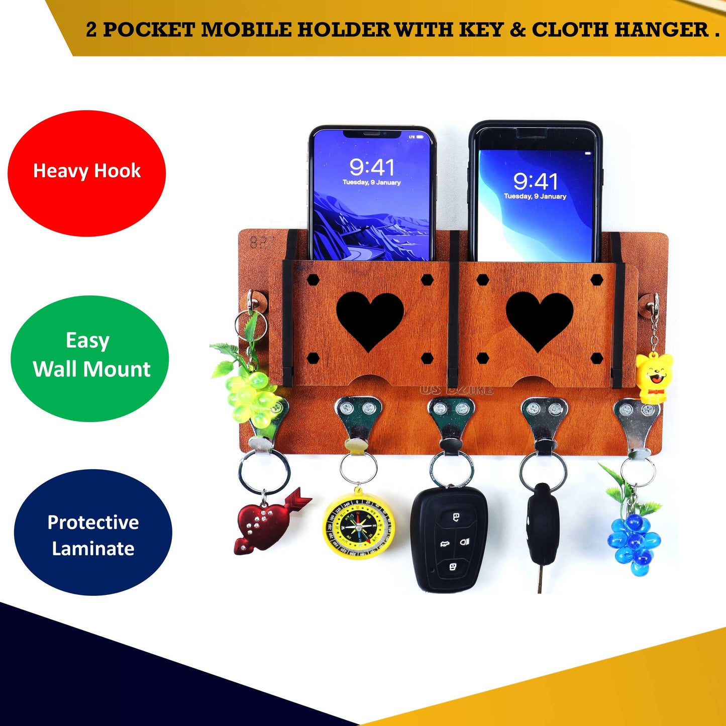 US DZIRE™ 11 Decorative Key Hanger (Brown) Wood Key Holder