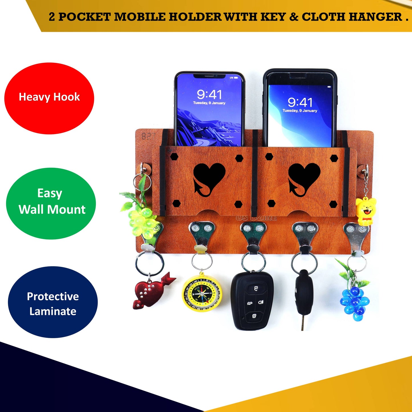 US DZIRE™ 15 Premium Key Holder For Home & Office Wood Key Holder