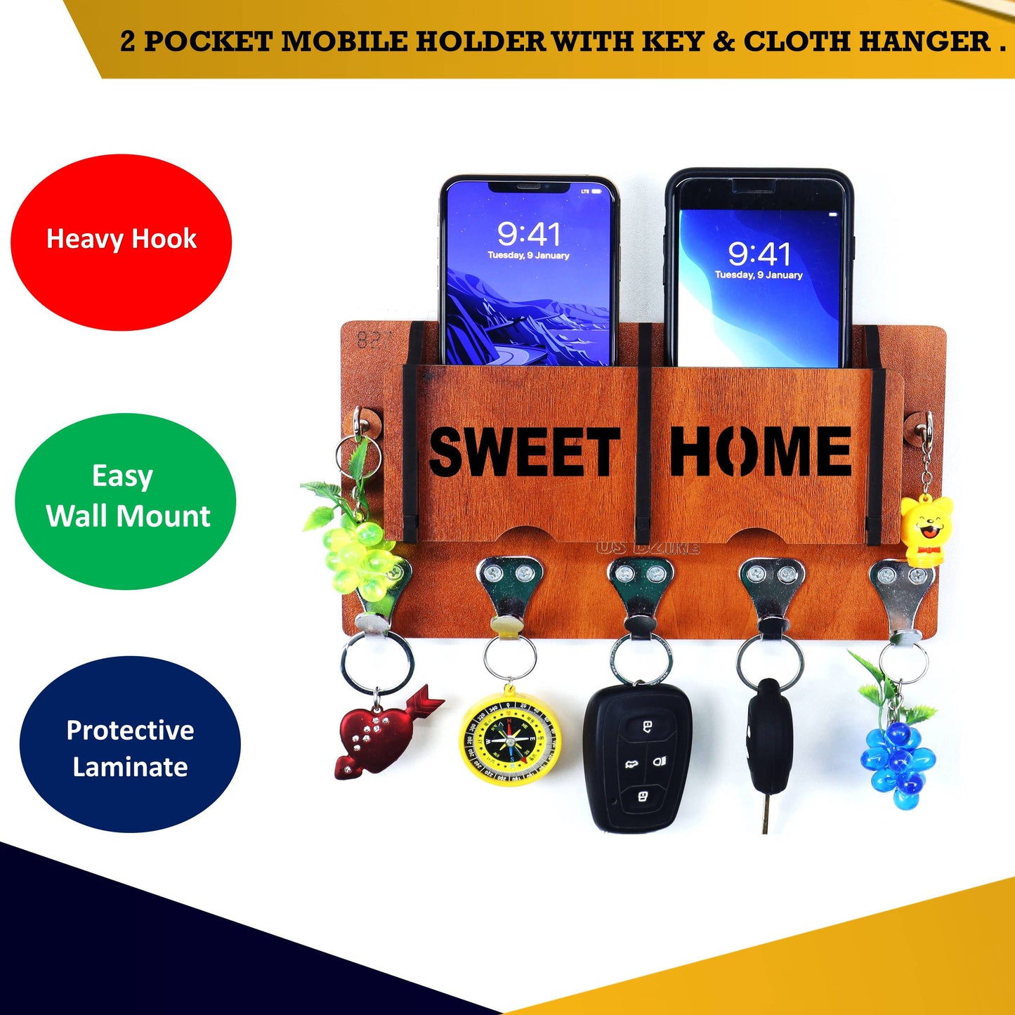 US DZIRE™ 12 Premium Key Holder For Home & Office Wood Key Holder