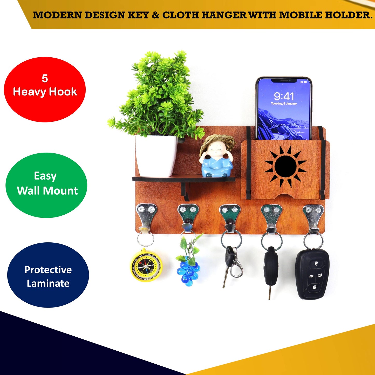 US DZIRE™ 414 Premium Key Holder For Home & Office Wood Key Holder (5 Hooks, Brown)
