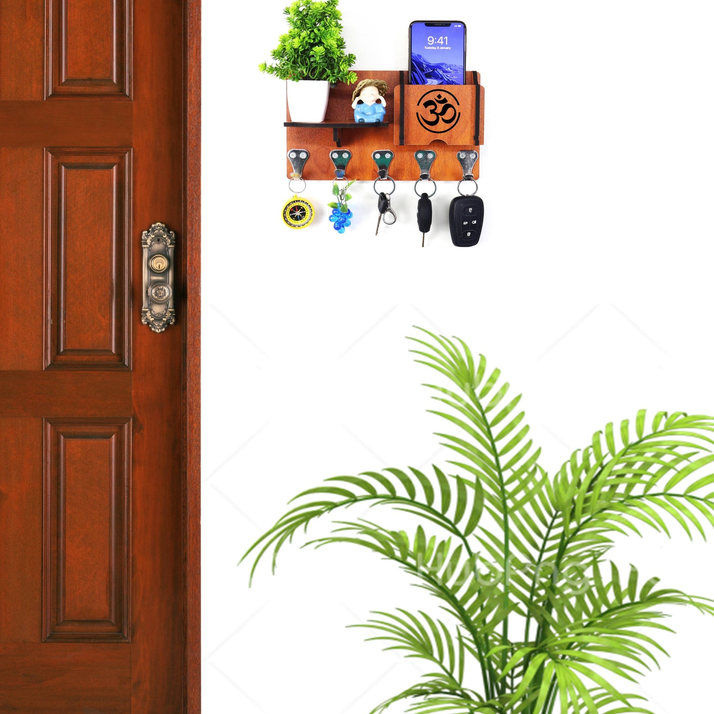 US DZIRE™ 435 Antique Mobile Charging Stand Key Holder, Cloth Hanger Handcrafted Art For Home Decor Living Room Bedroom Wood Key Holder (5Hooks, Brown)