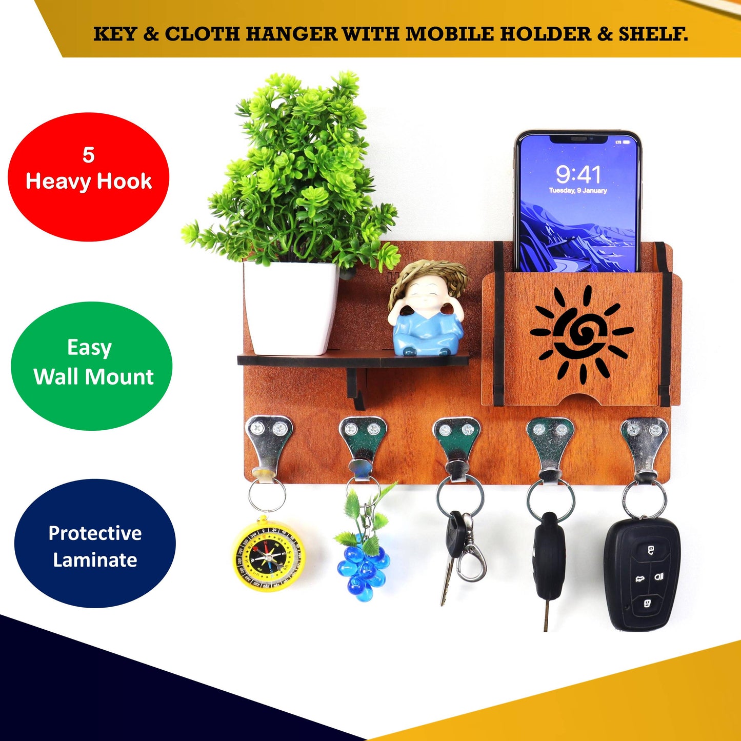 US DZIRE™ 1401 Antique Mobile Charging Stand Key Holder, Cloth Hanger Handcrafted Art For Home Decor Living Room Bedroom Wood Key Holder (7 Hooks, Brown)