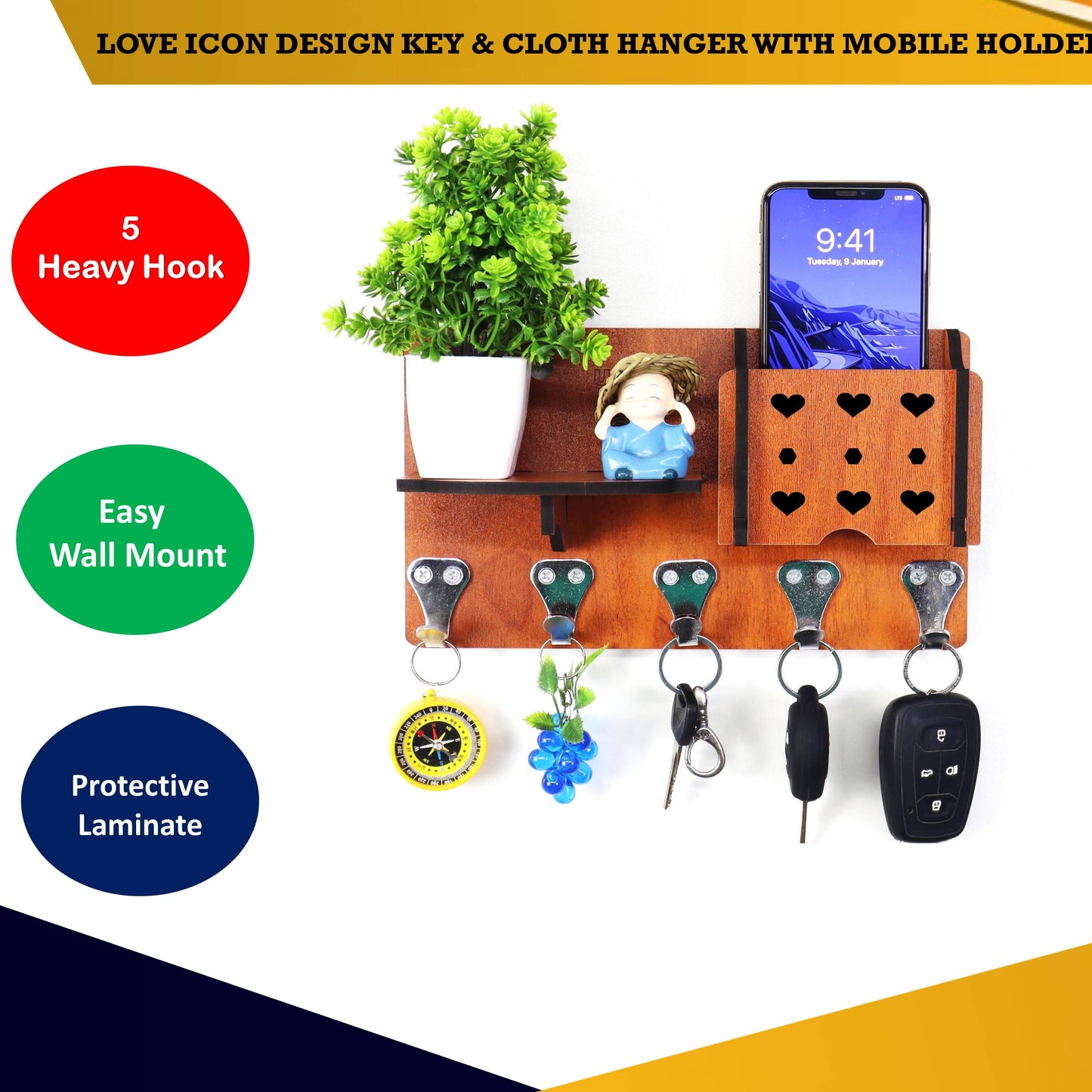 US DZIRE™422 Antique Mobile Charging Stand Key Holder, Cloth Hanger Handcrafted Art For Home Decor Living Room Bedroom Wood Key Holder (5 Hooks, Brown)