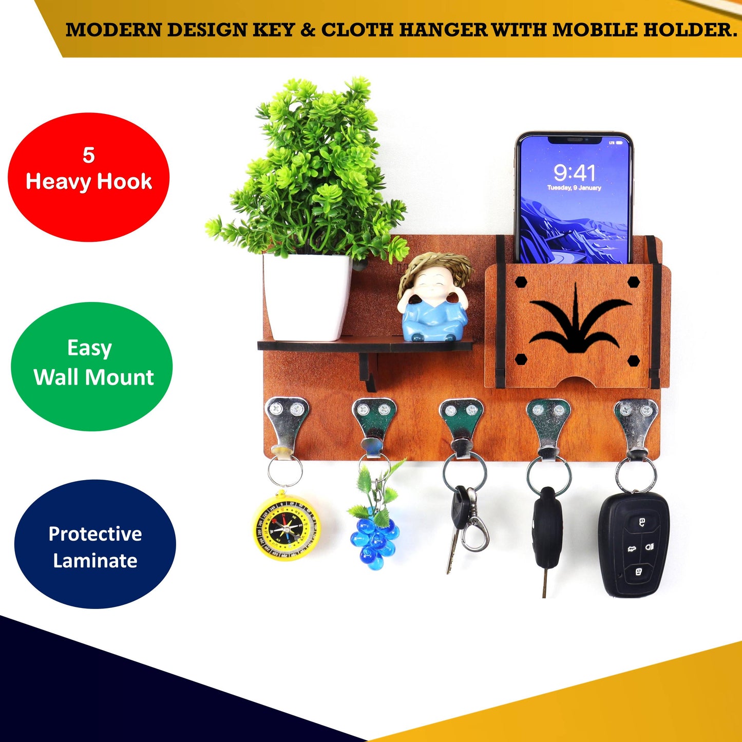 US DZIRE™ 417 Wooded key holder Sweet Home Flower Wood Key Holder 5 Hooks