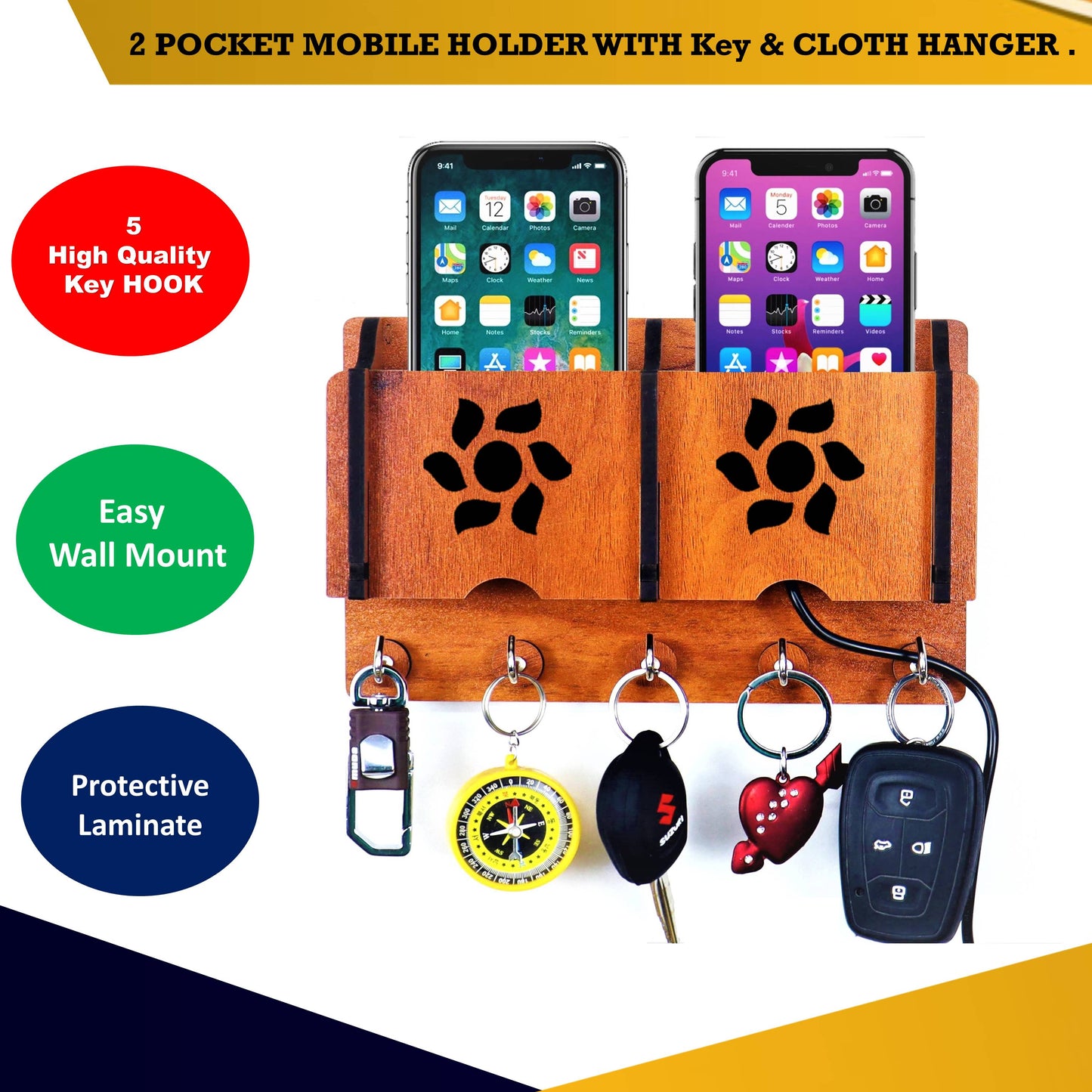 US DZIRE™ Decorative Key Hanger (Brown) Wood Key Holder (5 Hooks, Brown)