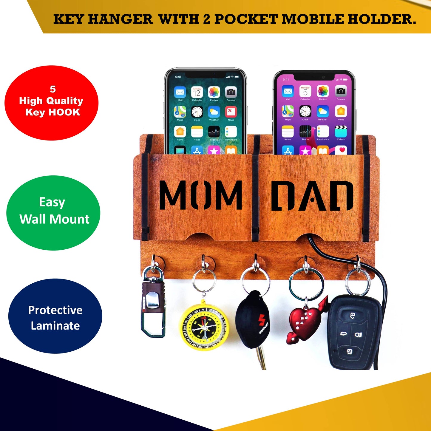 US DZIRE™ 1206 Premium Mom Dad Key Holder For Home & Office Wood Key Holder (5 Hooks, Brown)