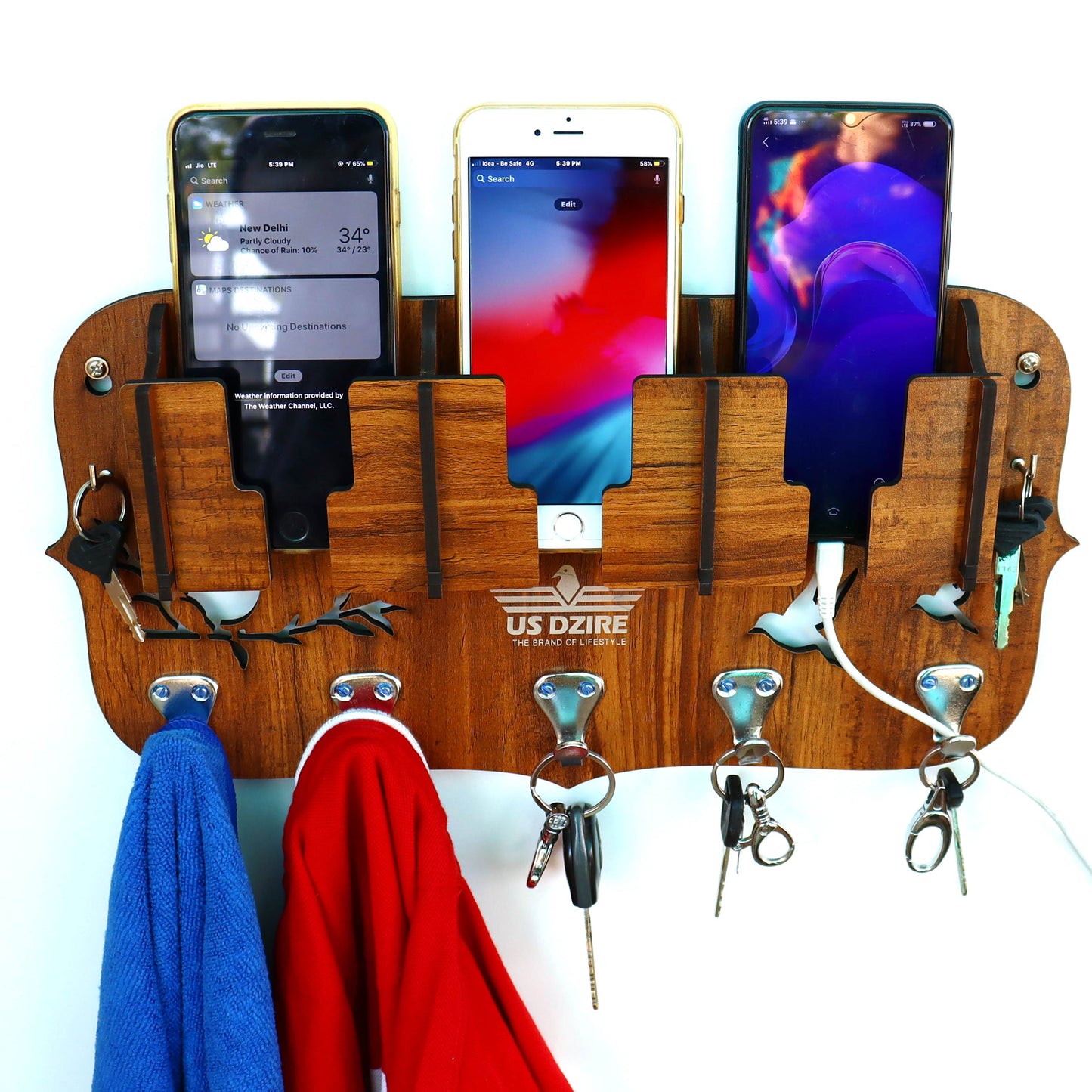 US DZIRE™ 802 Antique Mobile Charging Stand Key Holder, Cloth Hanger Handcrafted Art For Home Decor Living Room Bedroom Wood Key Holder (7 Hooks, Brown)