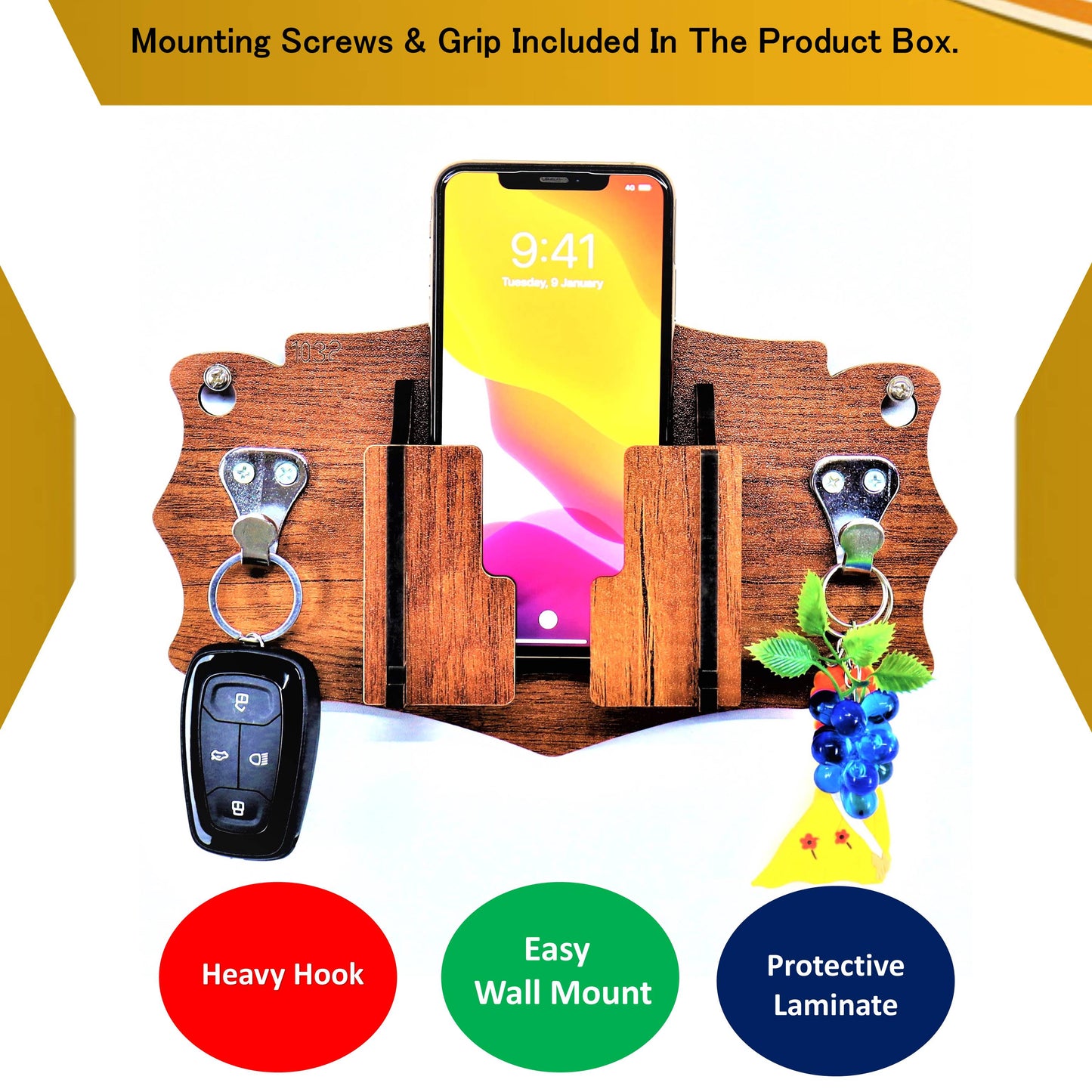 US DZIRE™ 1032 Antique Mobile Charging Stand Key Holder, Cloth Hanger Handcrafted Art For Home Decor Living Room Bedroom Wood Key Holder