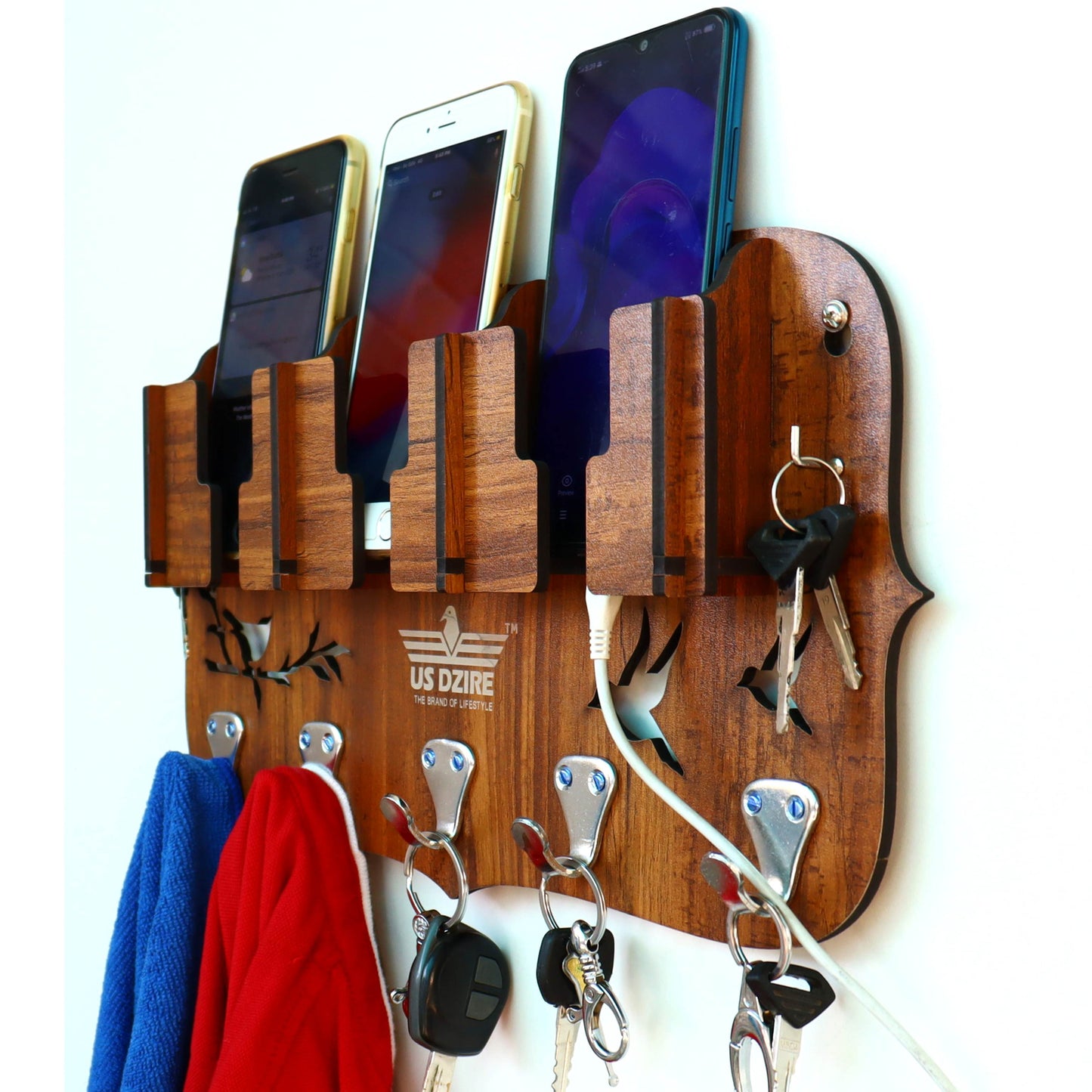 US DZIRE™ 802 Antique Mobile Charging Stand Key Holder, Cloth Hanger Handcrafted Art For Home Decor Living Room Bedroom Wood Key Holder (7 Hooks, Brown)
