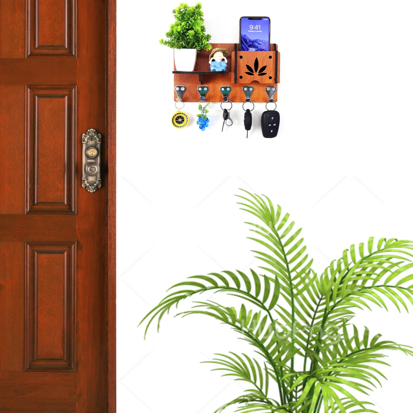US DZIRE™406 Premium Key Holder For Home & Office Wood Key Holder (5 Hooks, Brown)