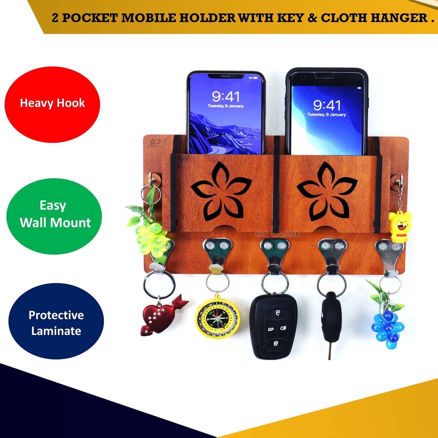 US DZIRE™ 6 Premium Key Holder For Home & Office Wood Key Holder