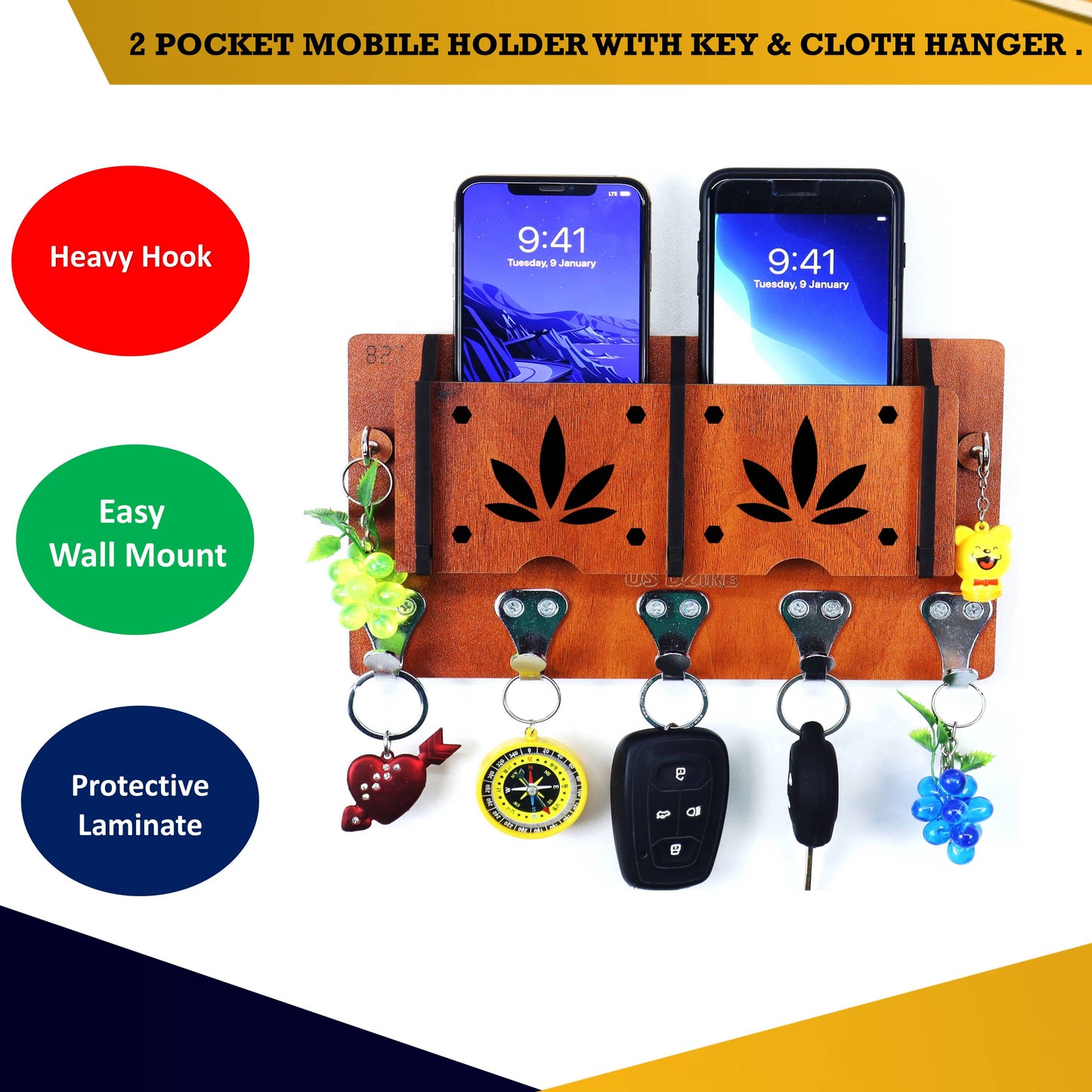 US DZIRE™ 18 Premium Key Holder For Home & Office Wood Key Holder