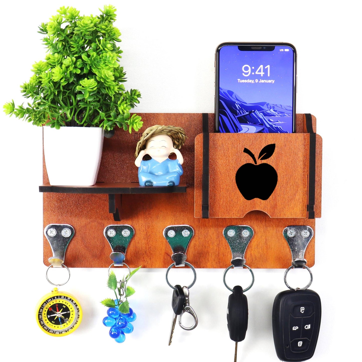 US DZIRE™415 Antique Mobile Charging Stand Key Holder, Cloth Hanger Handcrafted Art For Home Decor Living Room Bedroom Wood Key Holder (5 Hooks, Brown)