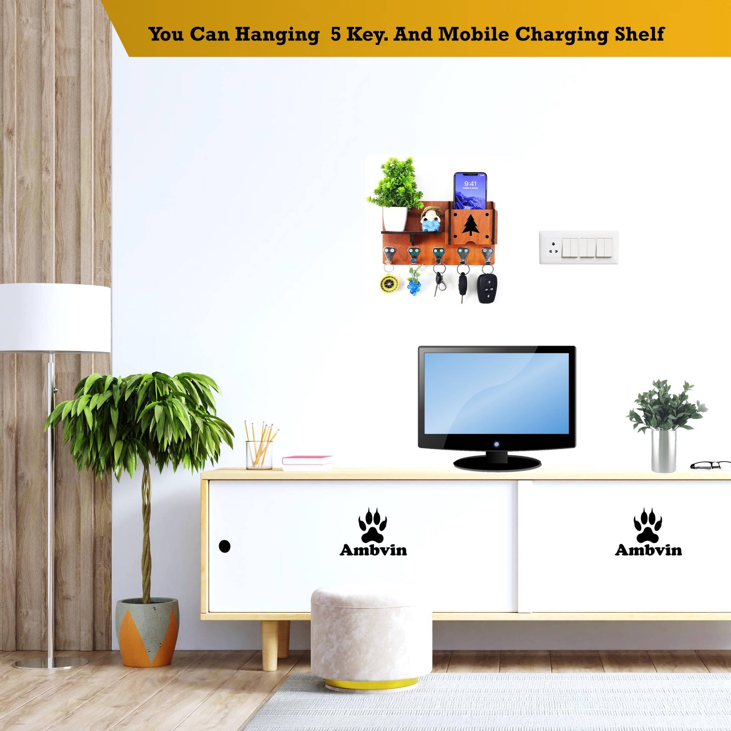 US DZIRE™416 Antique Mobile Charging Stand Key Holder, Cloth Hanger Handcrafted Art For Home Decor Living Room Bedroom Wood Key Holder (5 Hooks, Brown)