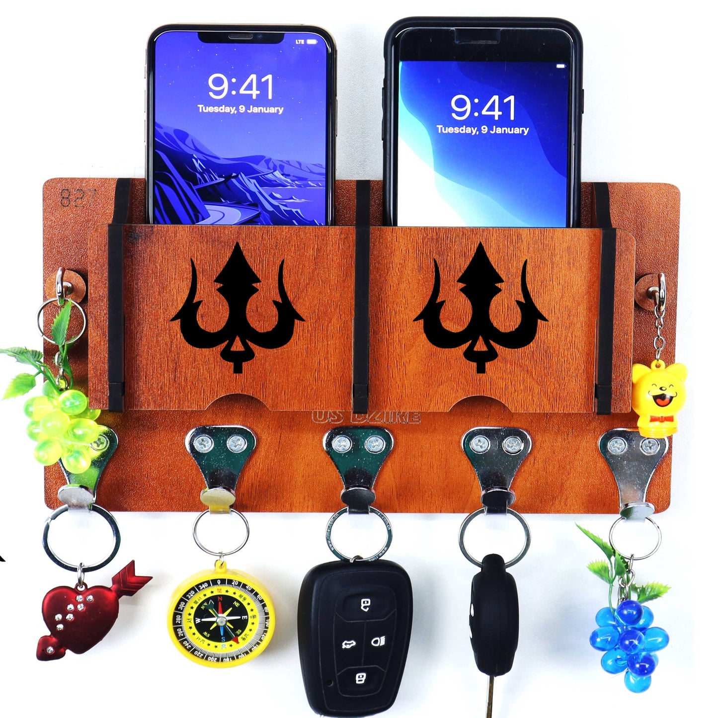 US DZIRE™ 20 Antique Mobile Charging Stand Key Holder, Cloth Hanger Handcrafted Art For Home Decor Living Room Bedroom Wood Key Holder