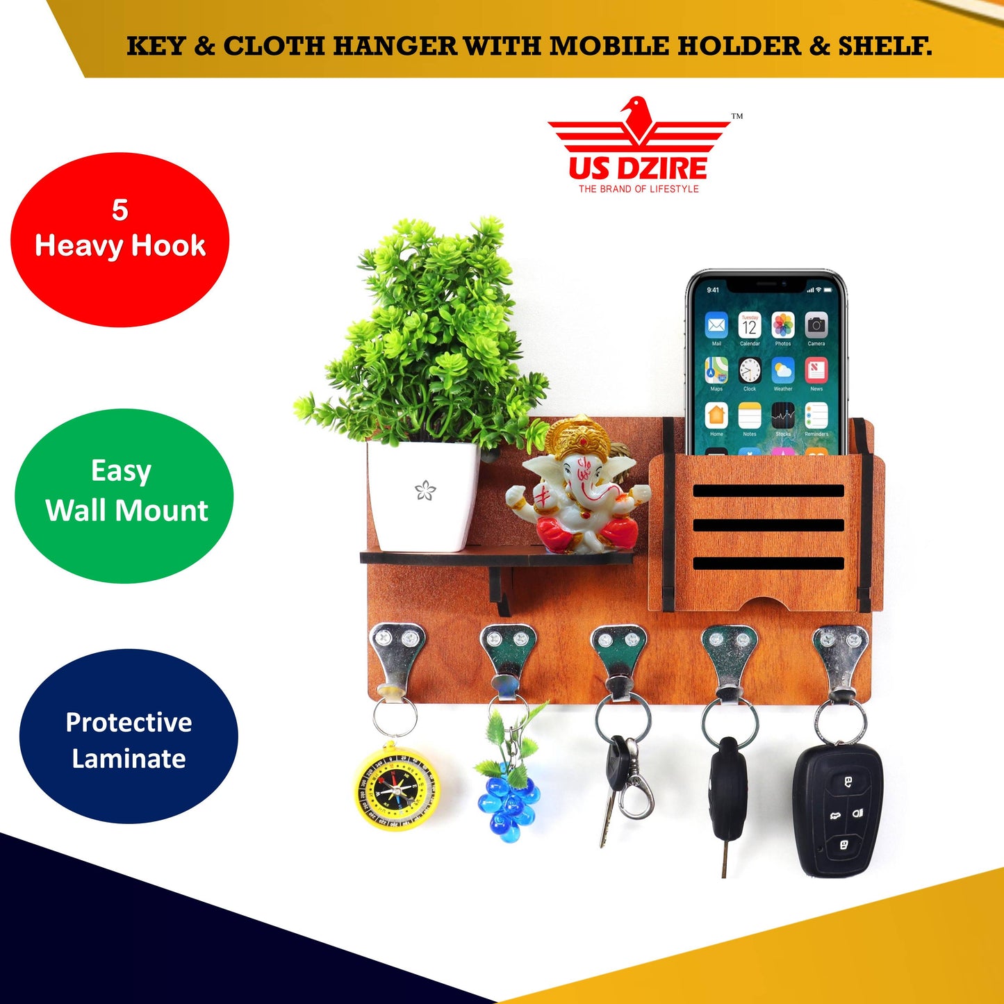 US DZIRE™ 1417 Decorative Key Hanger (Brown) Wood Key Holder (5 Hooks, Brown)