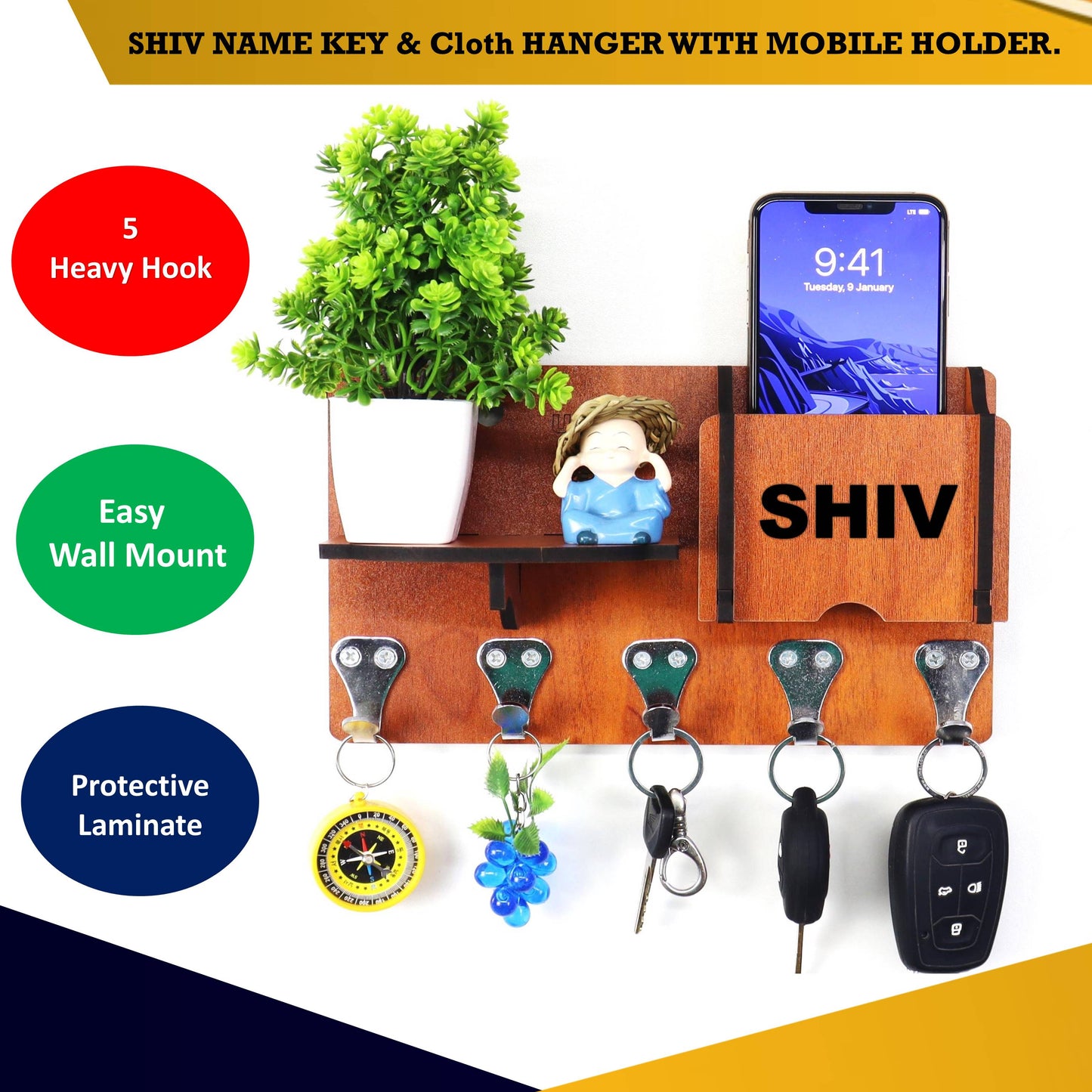 US DZIRE™ 408 Premium Key Holder For Home & Office Wood Key Holder (5 Hooks, Brown)