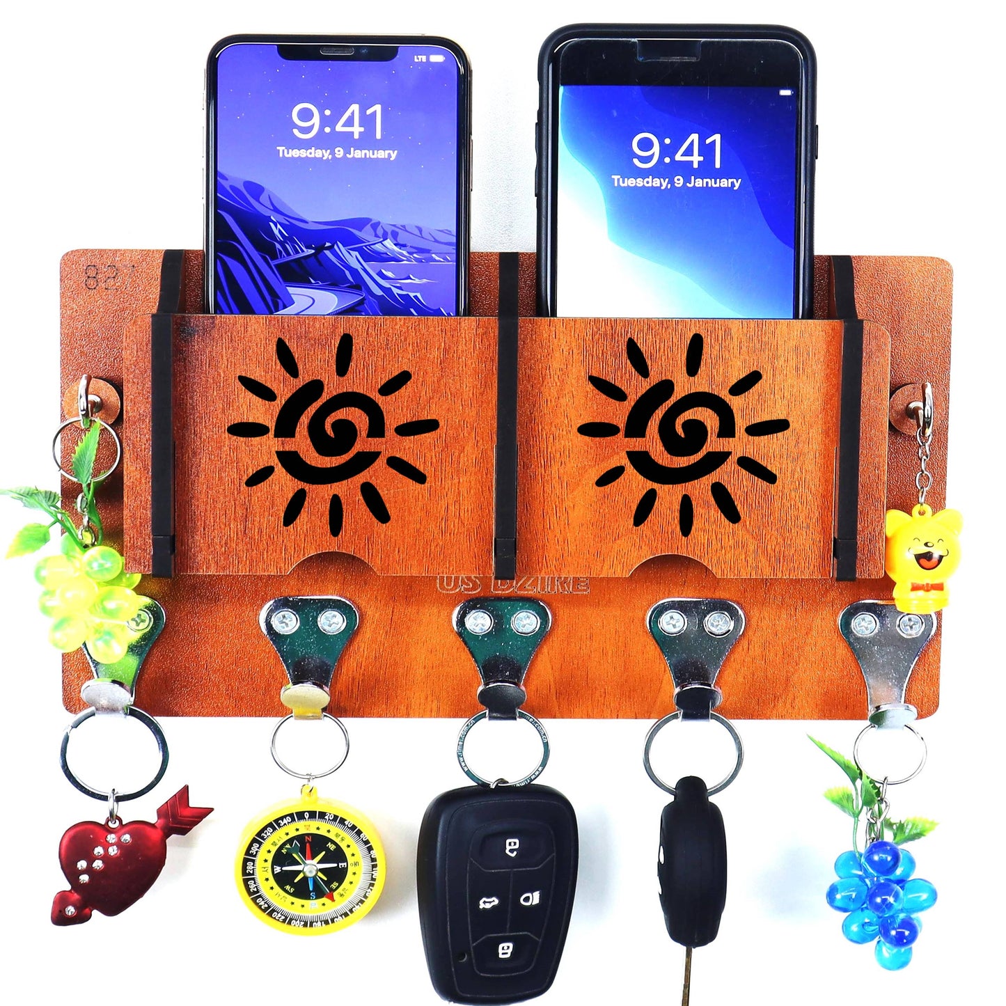 US DZIRE™ Decorative Key Hanger (Brown) Wood Key Holder (5 Hooks, Brown)