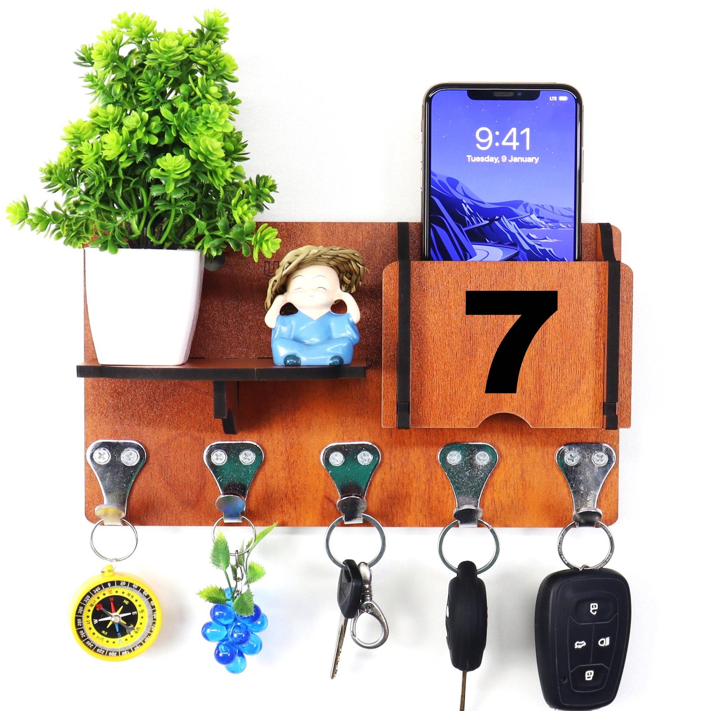 US DZIRE™ 1407 Decorative Key Hanger (Brown) Wood Key Holder (5 Hooks, Brown)