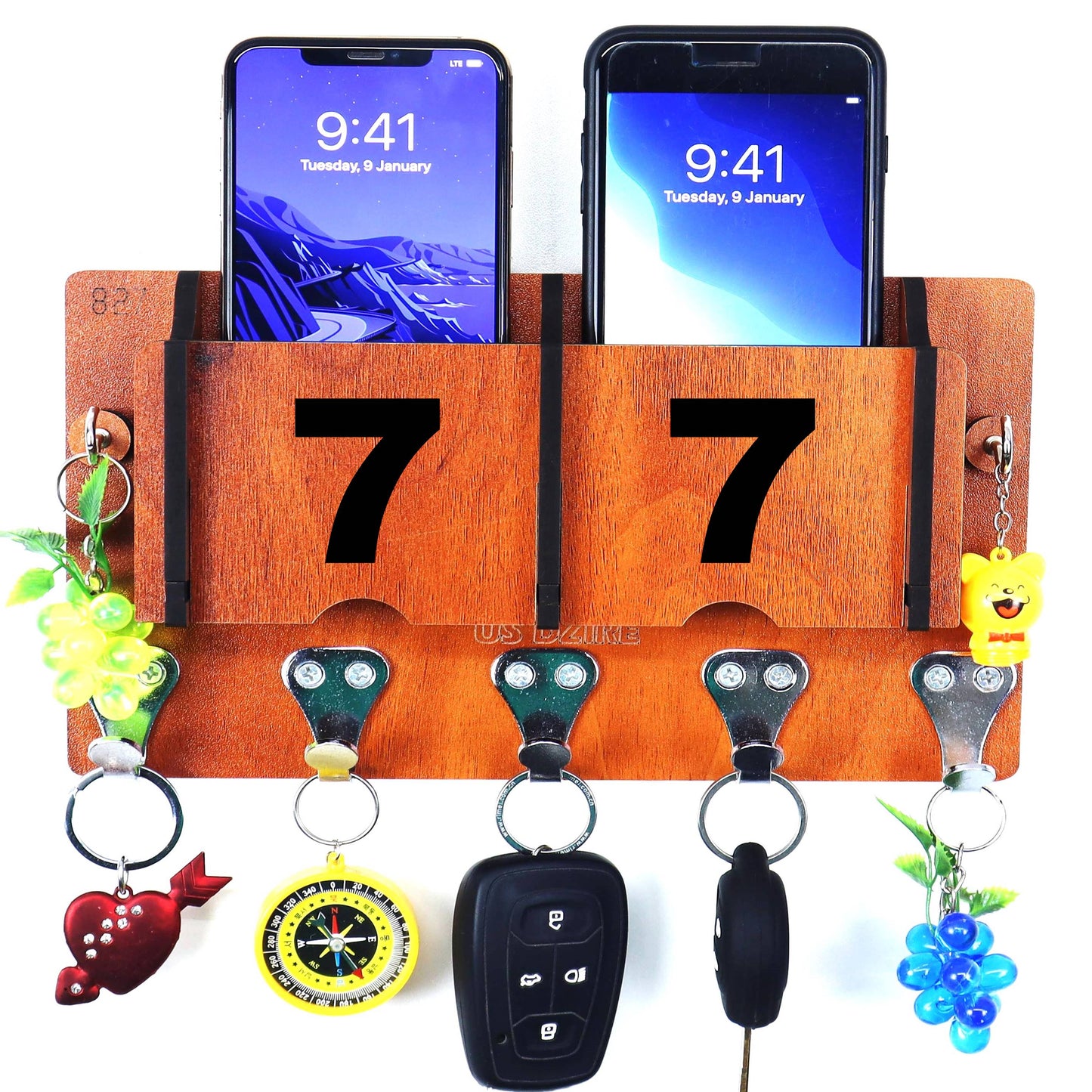 US DZIRE™ 1307 Decorative Key Hanger (Brown) Wood Key Holder (7 Hooks, Brown)