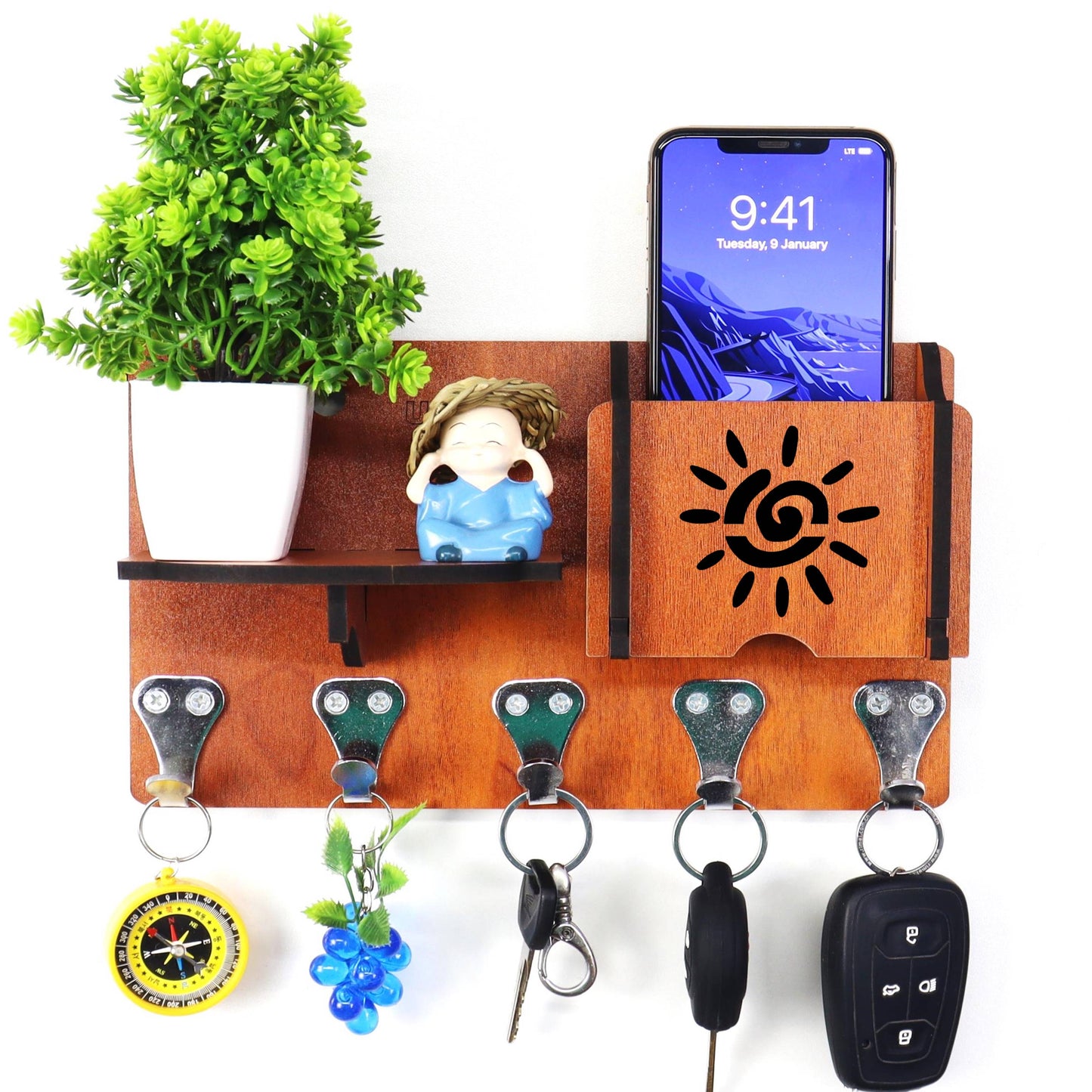 US DZIRE™ 1401 Antique Mobile Charging Stand Key Holder, Cloth Hanger Handcrafted Art For Home Decor Living Room Bedroom Wood Key Holder (7 Hooks, Brown)
