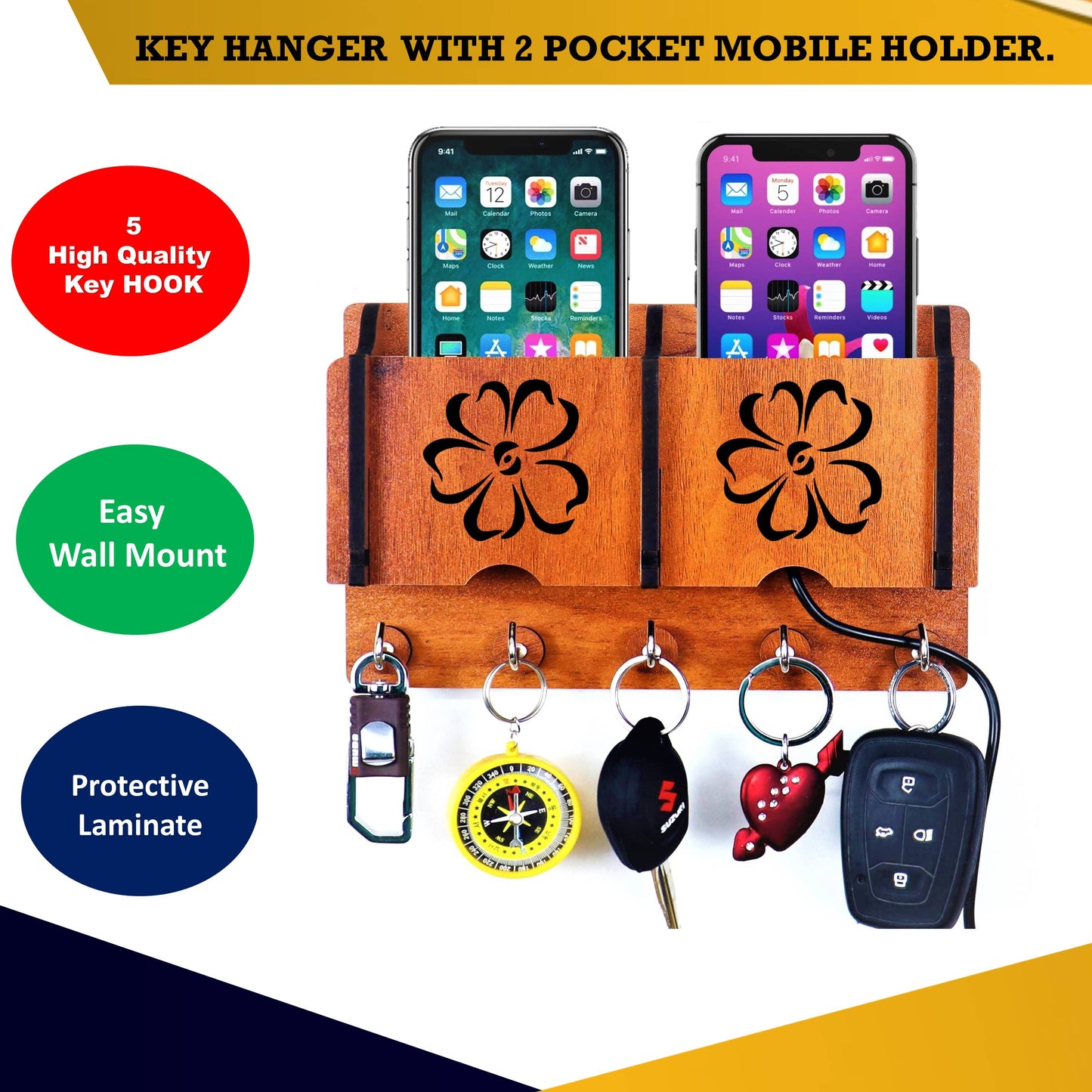 US DZIRE™ 236 Wooded key holder Sweet Home Flower Wood Key Holder(5 Hooks, Brown)