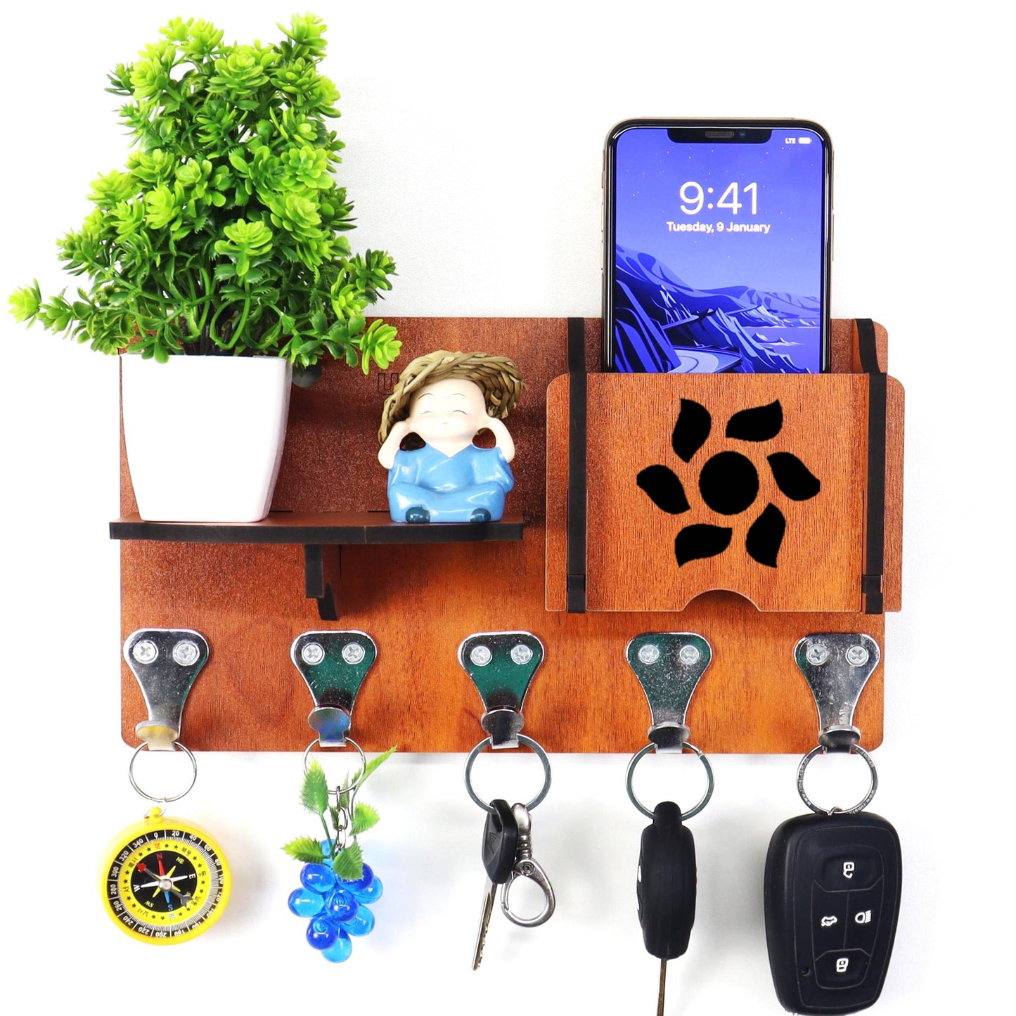 US DZIRE™ 410  Premium Key Holder For Home & Office Wood Key Holder  (5 Hooks, Brown)