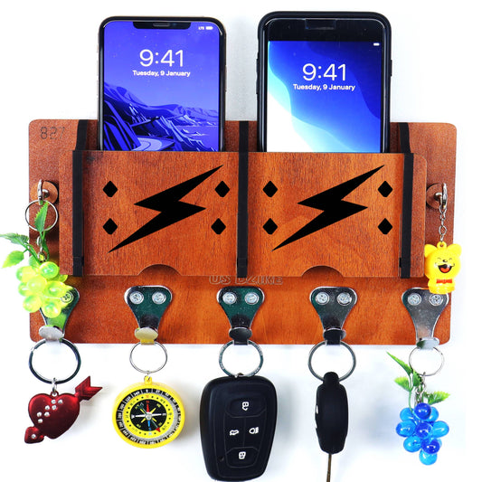 US DZIRE™ 9 Antique Mobile Charging Stand Key Holder, Cloth Hanger Handcrafted Art For Home Decor Living Room Bedroom Wood Key Holder