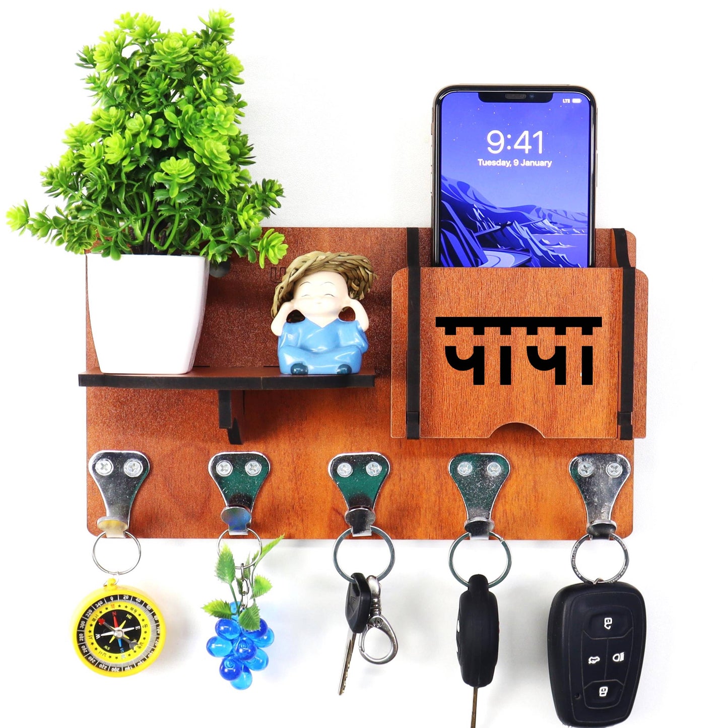 US DZIRE™ 1411 Antique Mobile Charging Stand Key Holder, Cloth Hanger Handcrafted Art For Home Decor Living Room Bedroom Wood Key Holder  (5 Hooks, Brown)