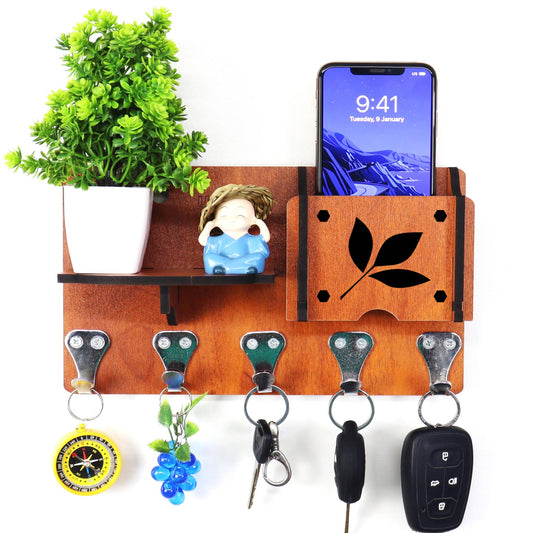 US DZIRE™ 402  Antique Mobile Charging Stand Key Holder, Cloth Hanger Handcrafted Art For Home Decor Living Room Bedroom Wood Key Holder  (5Hooks, Brown)