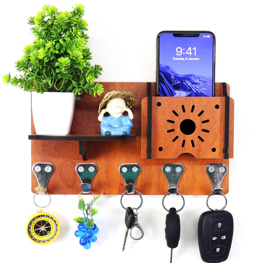 US DZIRE™ 405  Decorative Key Hanger (Brown) Wood Key Holder  (5 Hooks, Brown)