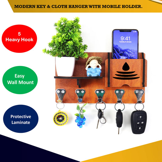 US DZIRE™ 452 Antique Mobile Charging Stand Key Holder, Cloth Hanger Handcrafted Art For Home Decor Living Room Bedroom Wood Key Holder  (5 Hooks, Brown)