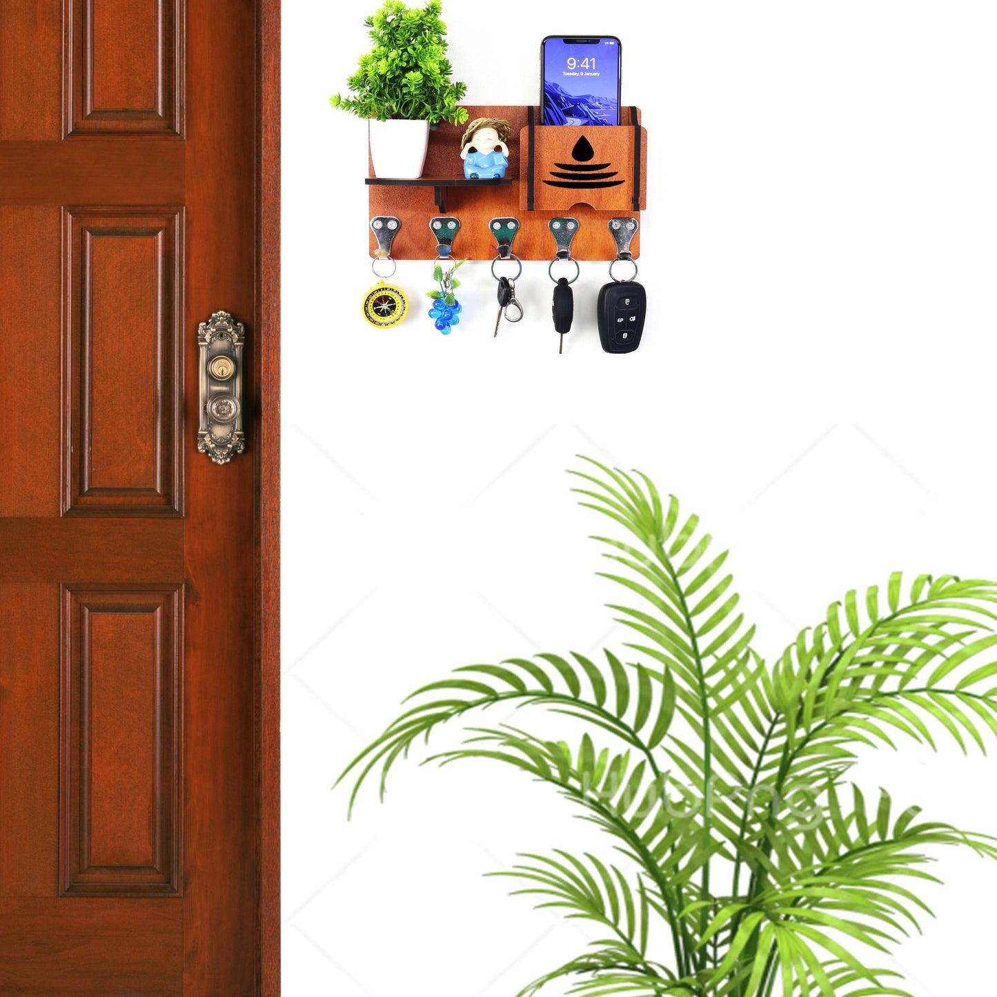 US DZIRE™ 452 Antique Mobile Charging Stand Key Holder, Cloth Hanger Handcrafted Art For Home Decor Living Room Bedroom Wood Key Holder  (5 Hooks, Brown)