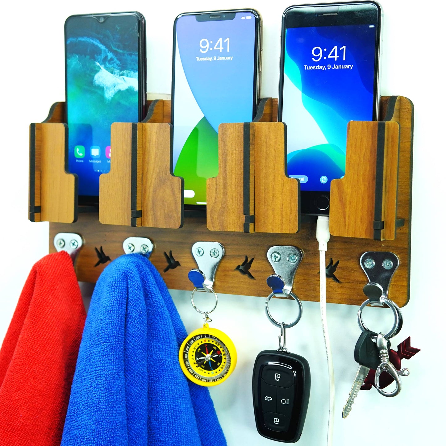 US DZIRE™ 808 Antique Mobile Charging Stand Key Holder, Cloth Hanger Handcrafted Art For Home Decor Living Room Bedroom Wood Key Holder  (7 Hooks, Brown)