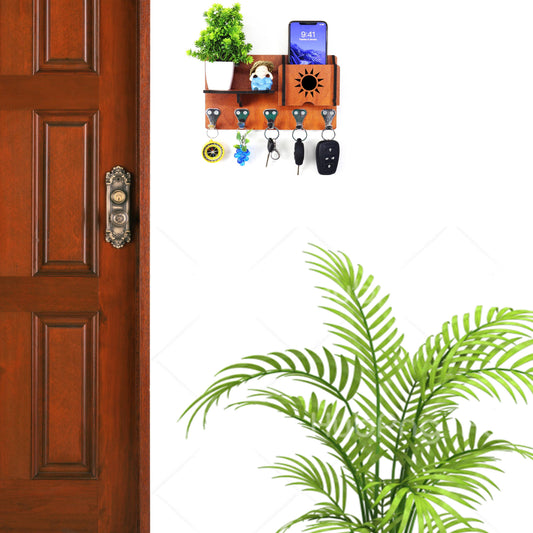 US DZIRE™ 414 Premium Key Holder For Home & Office Wood Key Holder  (5 Hooks, Brown)