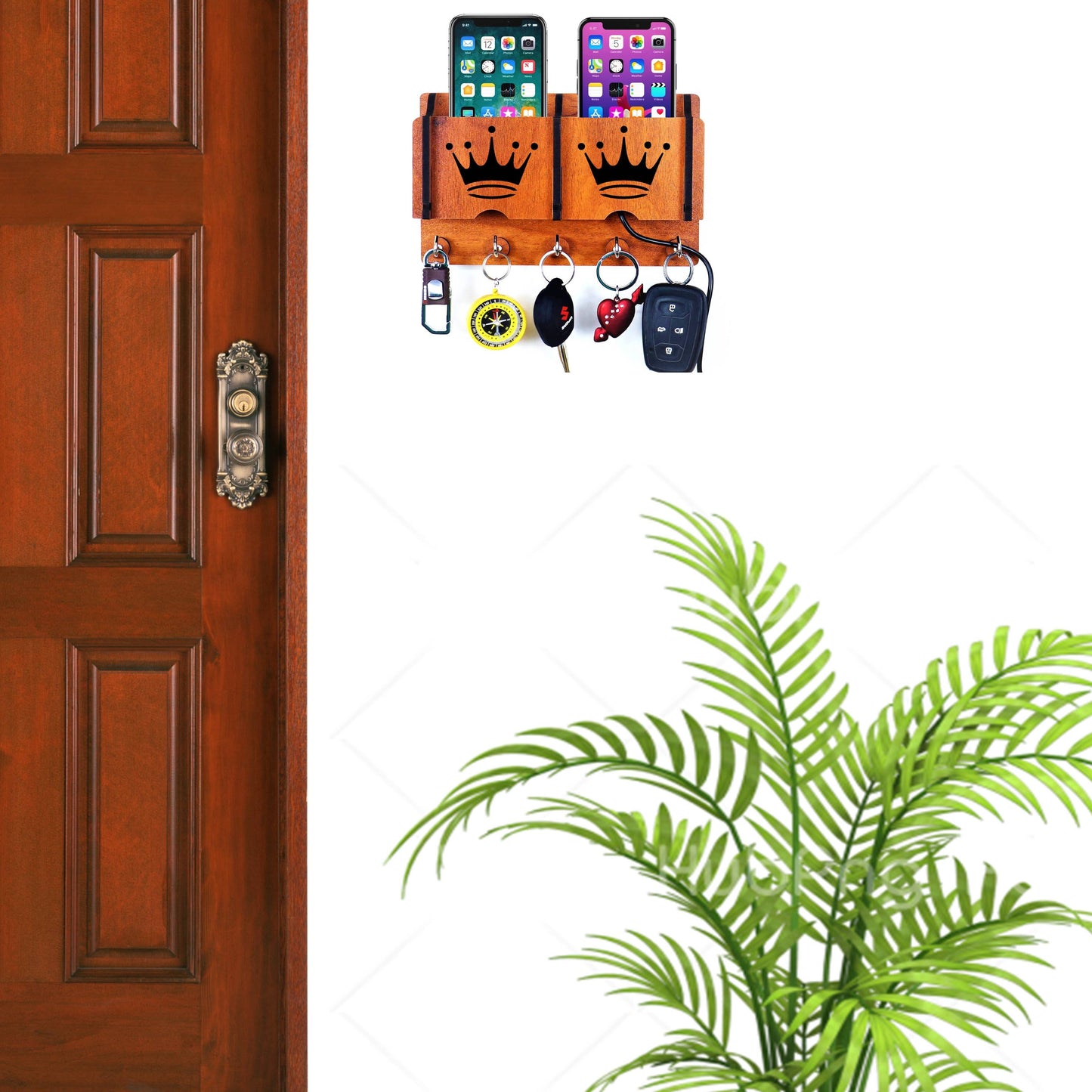 US DZIRE™ 219 Antique Mobile Charging Stand Key Holder, Cloth Hanger Handcrafted Art For Home Decor Living Room Bedroom Wood Key Holder  (5 Hooks, Brown)
