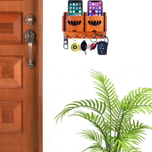 US DZIRE™ 238 Antique Mobile Charging Stand Key Holder, Cloth Hanger Handcrafted Art For Home Decor Living Room Bedroom Wood Key Holder  (5 Hooks, Brown)