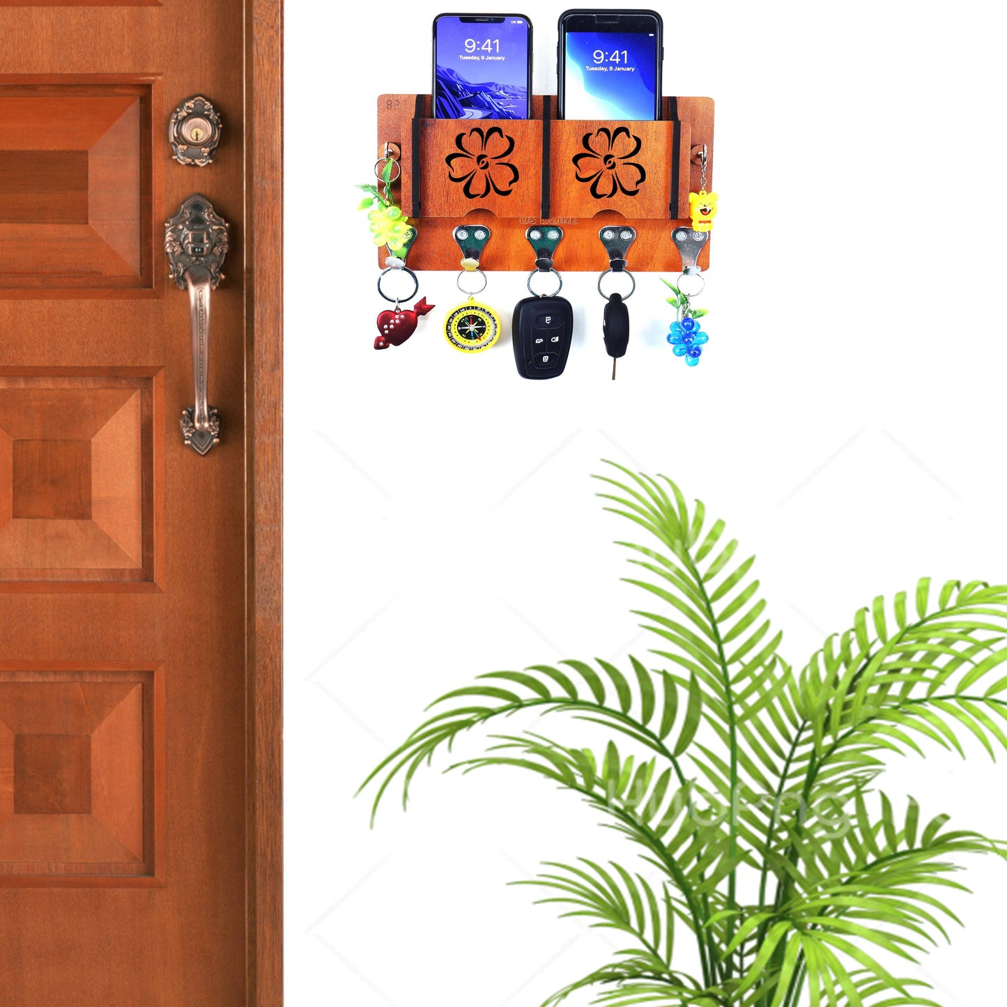 US DZIRE™ 46 Decorative Key Hanger (Brown) Wood Key Holder  (7 Hooks, Brown)