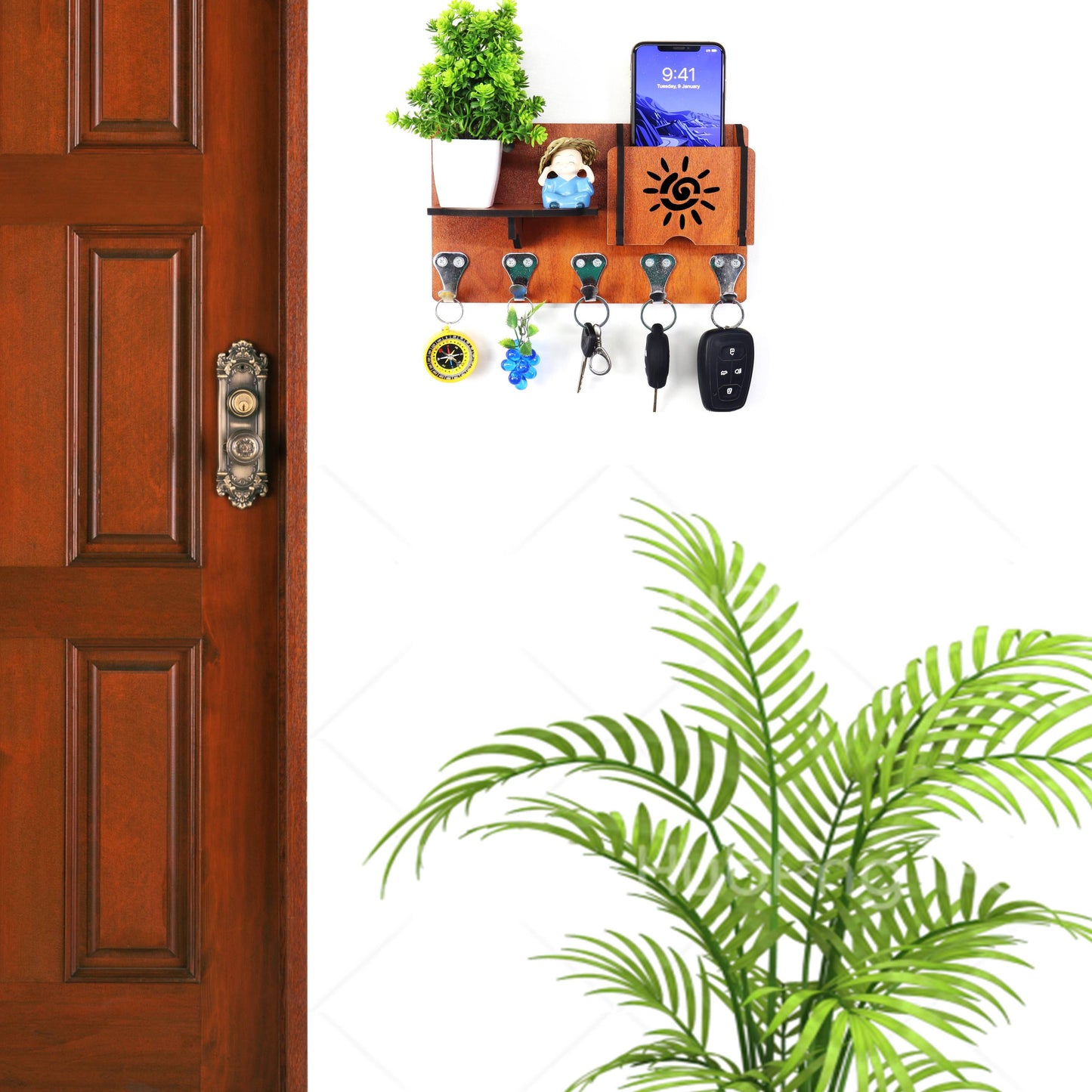 US DZIRE™ 1401 Antique Mobile Charging Stand Key Holder, Cloth Hanger Handcrafted Art For Home Decor Living Room Bedroom Wood Key Holder  (7 Hooks, Brown)