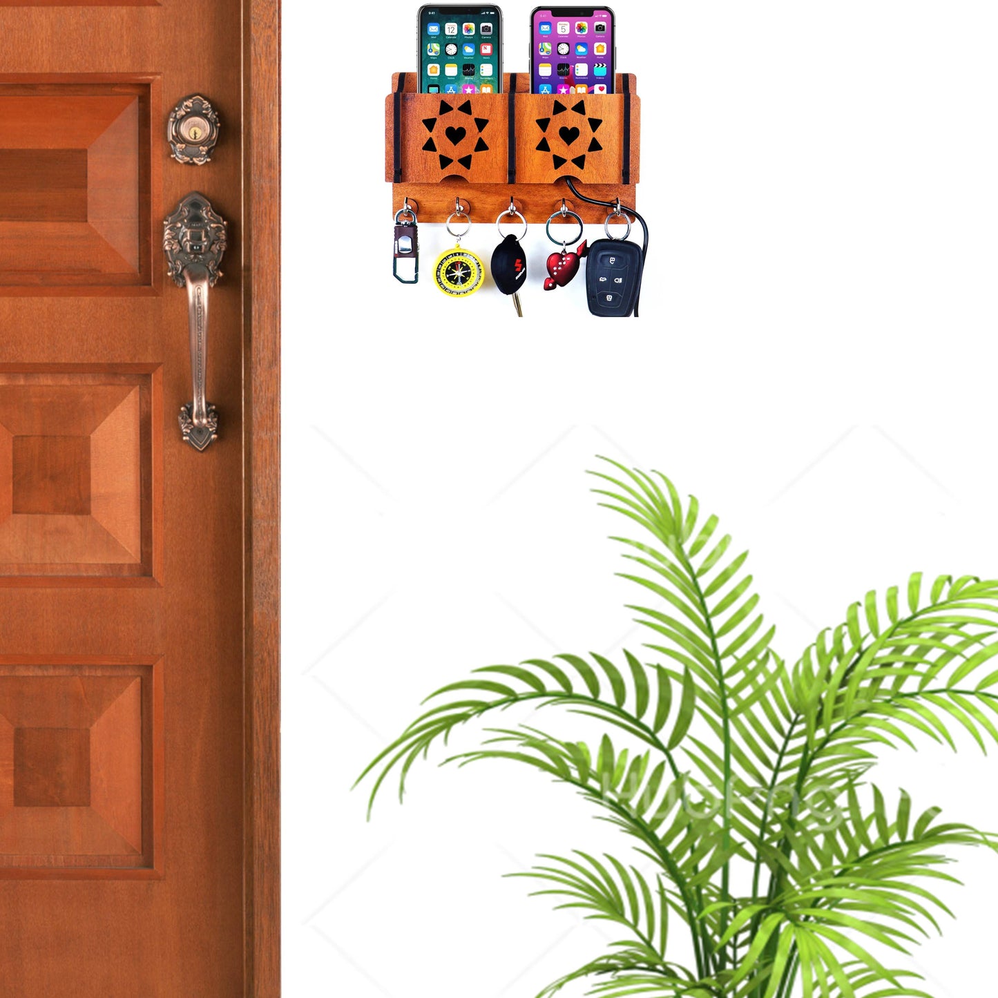 US DZIRE™ 1203 Antique Mobile Charging Stand Key Holder, Cloth Hanger Handcrafted Art For Home Decor Living Room Bedroom Wood Key Holder  (5 Hooks, Brown)