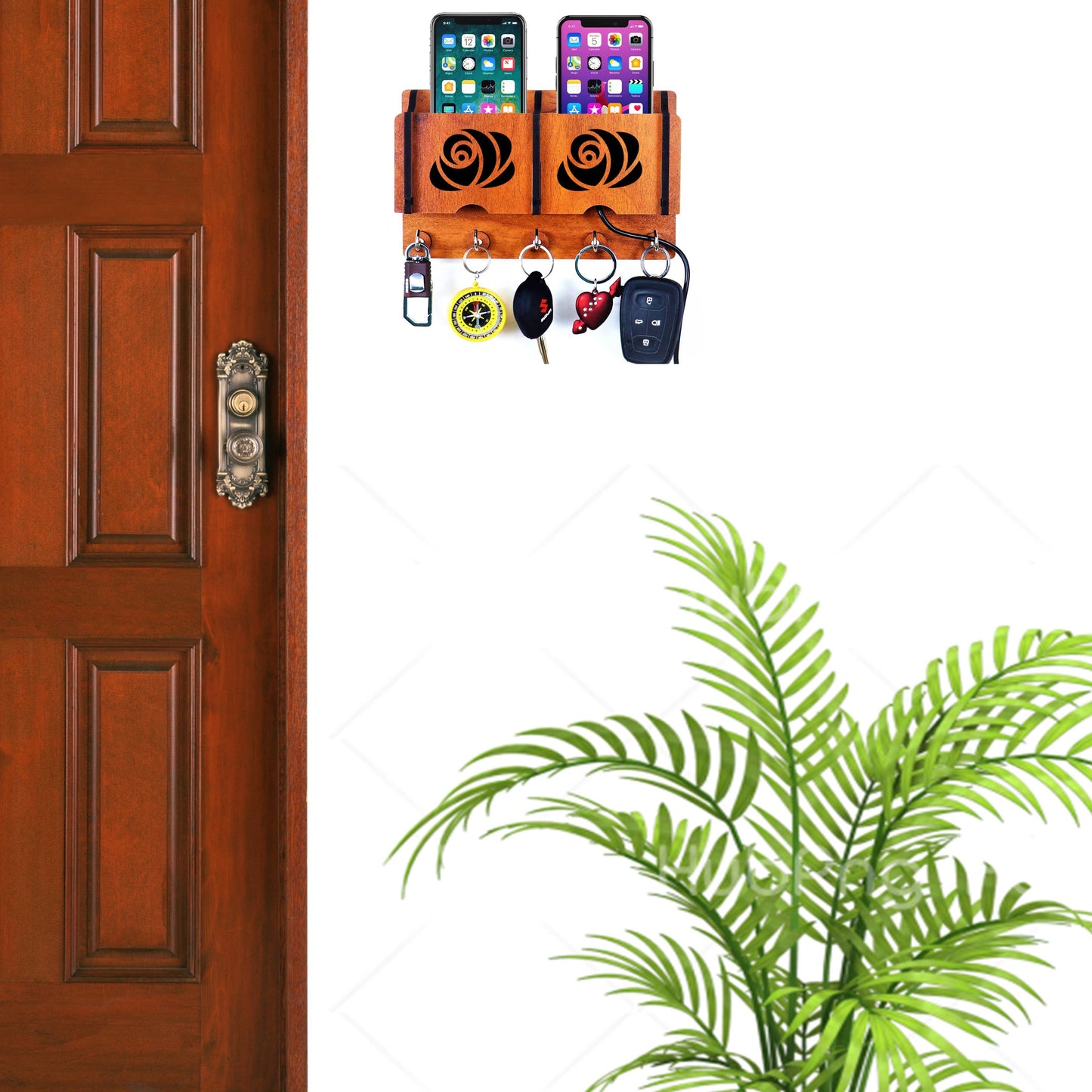 US DZIRE™ 237 Antique Mobile Charging Stand Key Holder, Cloth Hanger Handcrafted Art For Home Decor Living Room Bedroom Wood Key Holder  (5 Hooks, Brown)