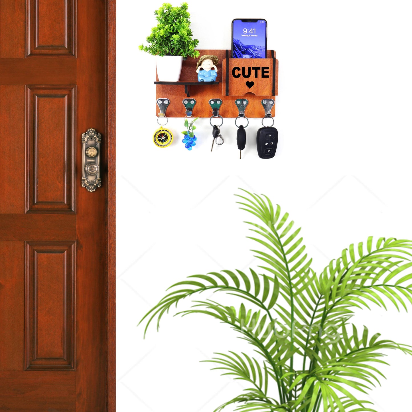 US DZIRE™ 420 Decorative Key Hanger (Brown) Wood Key Holder  (5 Hooks, Brown)