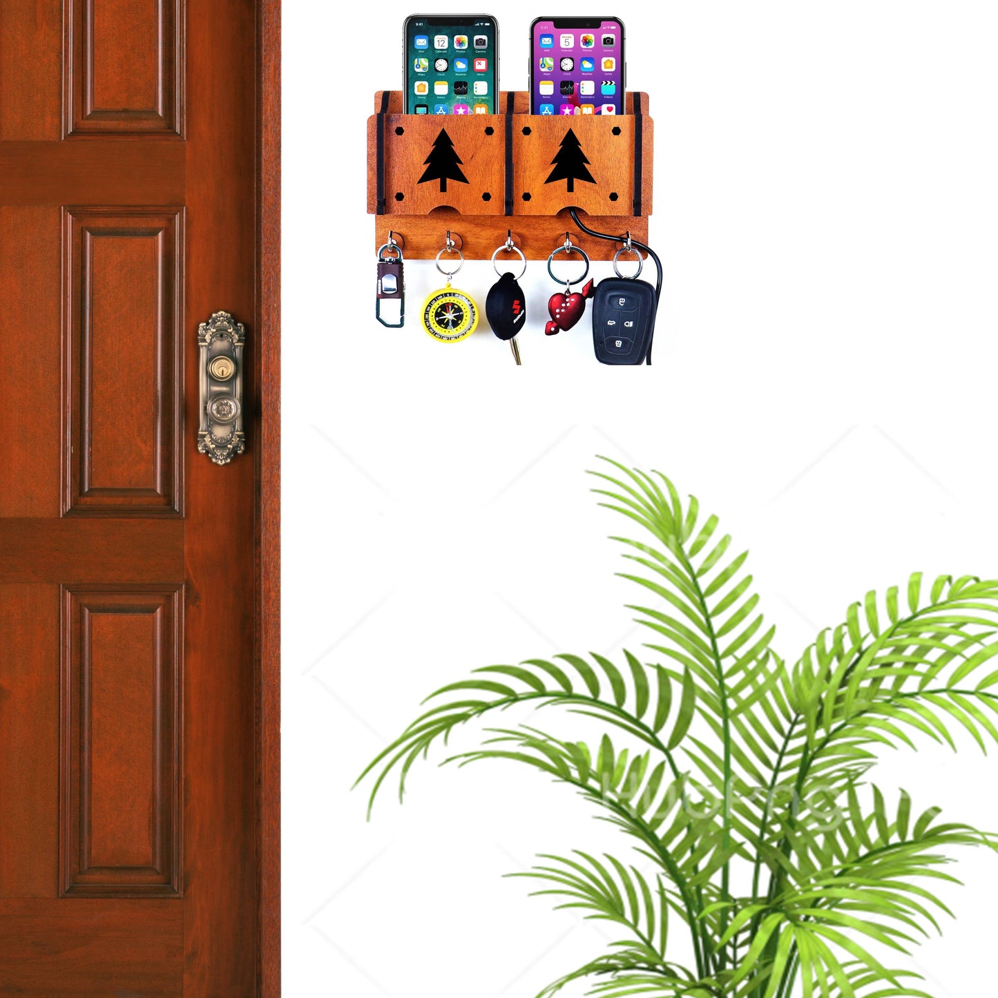 US DZIRE™ 215 Antique Mobile Charging Stand Key Holder, Cloth Hanger Handcrafted Art For Home Decor Living Room Bedroom Wood Key Holder  (5 Hooks, Brown)